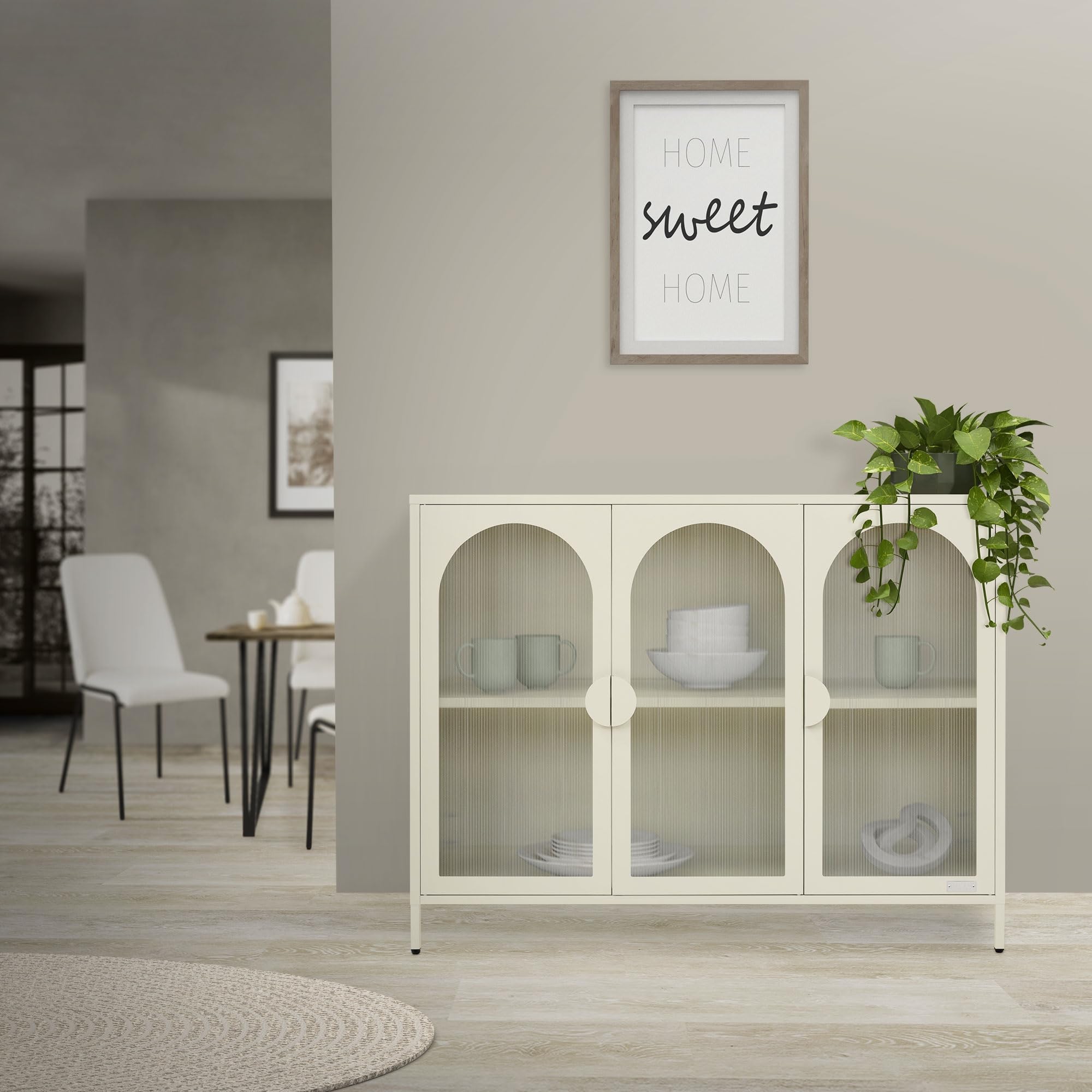 ML-Design Vitrinenschrank 120x93x40 cm aus Stahl, Creme, Sideboard mit 4 Ablage-/Regalfächer & 3 Türen, Metall Kommode mit verstellbaren Füßen, Vitrine, Highboard, Aufbewahrungsschrank für Wohnzimmer