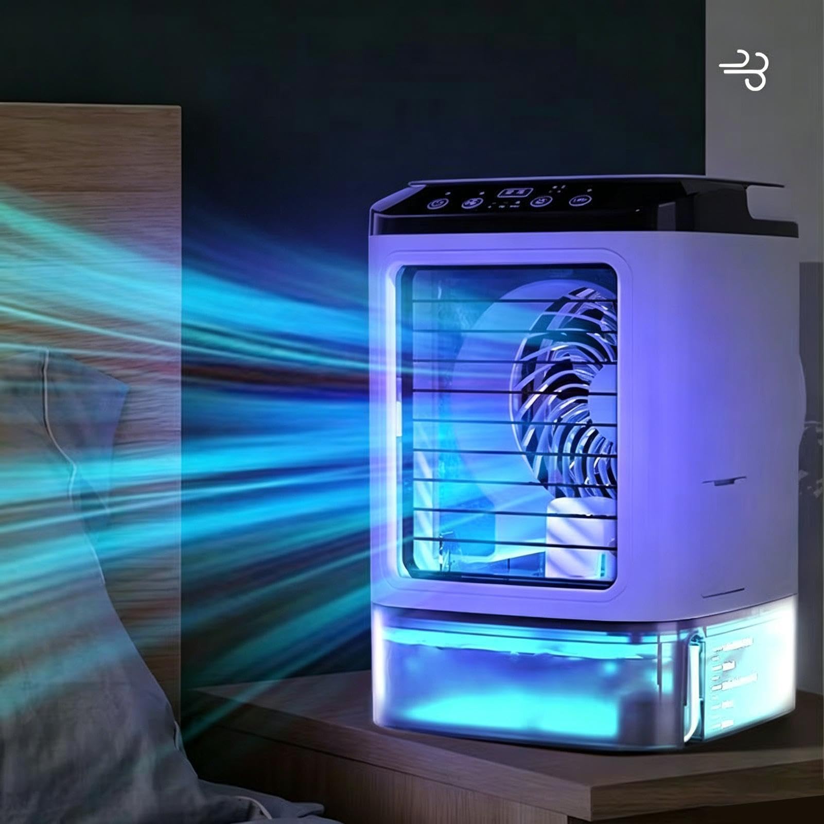 Condizionatore Portatile, Raffrescatore Evaporativo 4-in-1 | Mini Ventilatore da Tavolo Silenzioso con 3 Velocità, 2 Spray, Serbatoio 900ml, Luce LED e Stampo Ghiaccio per Ufficio Casa