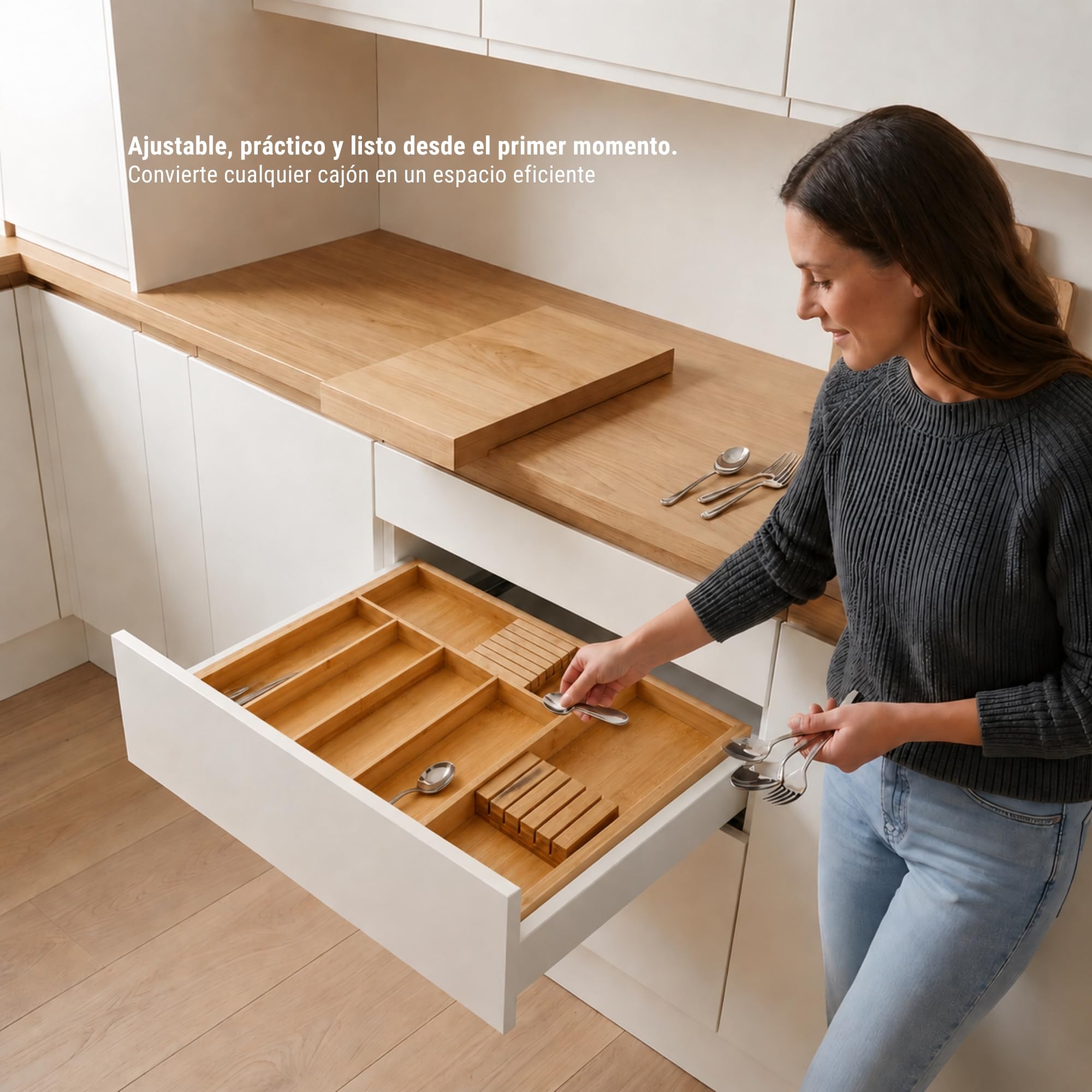 ALK Cubertero extensible válido como organizador cocina para cajones almacenaje, cubertero cajon o bandeja bambu, organizador cubiertos para cajon, organizador escritorio cajones (Cajones 52-83 cm)