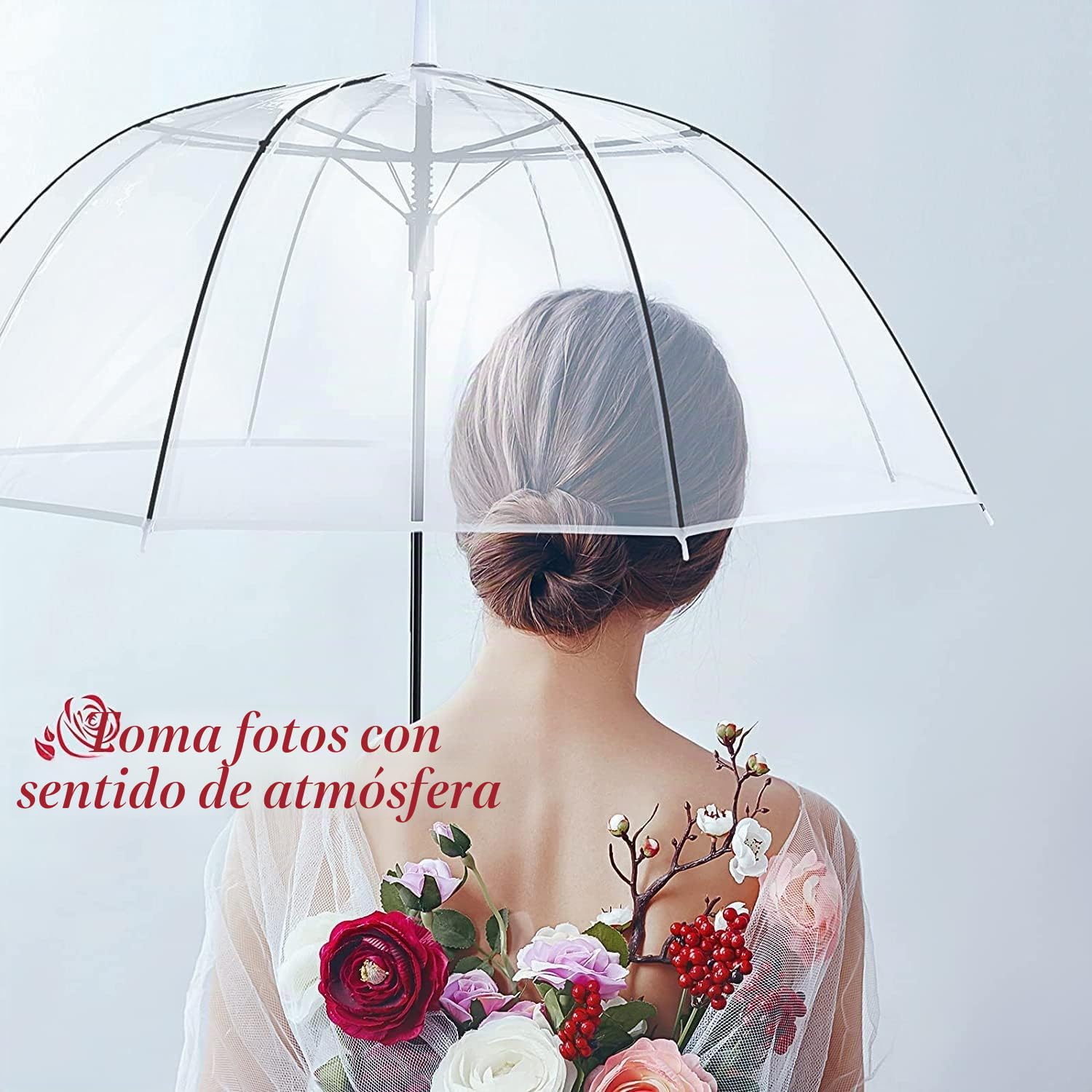 Paraguas transparente para la lluvia adulta, paraguas campana boda foto, graduación y eventos al aire libre - apertura automática, mango gancho cúpula