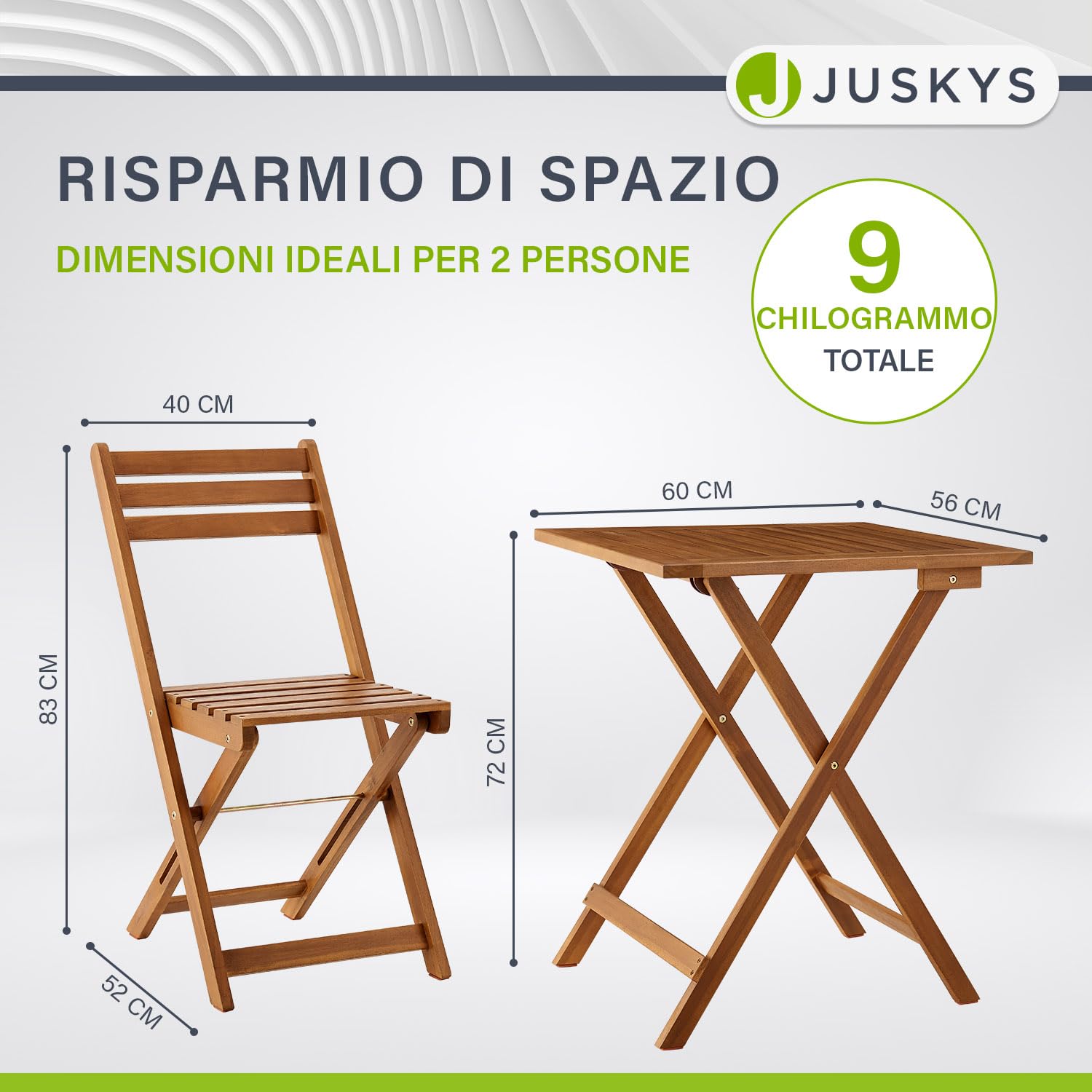 Juskys set di mobili da terrazzo Bala - Set di mobili in legno pieghevoli e salvaspazio da tre pezzi per due persone - Tavolo e sedie da giardino