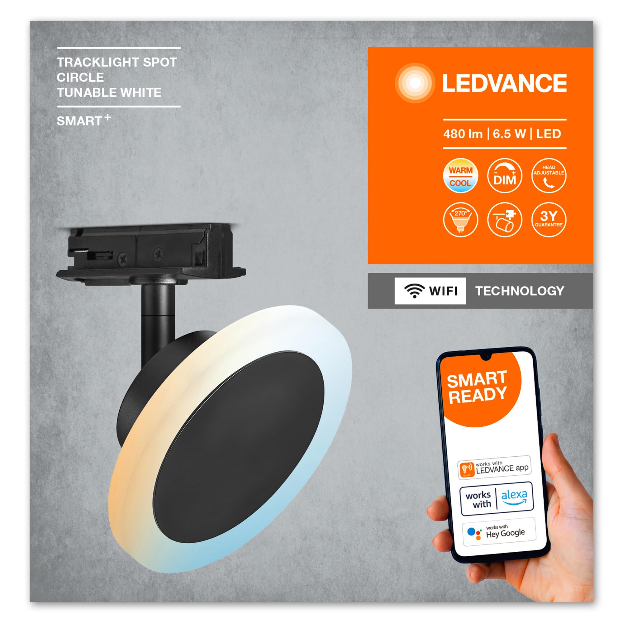 LEDVANCE Tête d'éclairage du système de rail SMART+ Tracklight WiFi, noir, 6,5 W, 480 lm, tête directionnelle, blanc réglable 3000K-6500K, contrôlable par application, compatible Amazon, Google, etc.