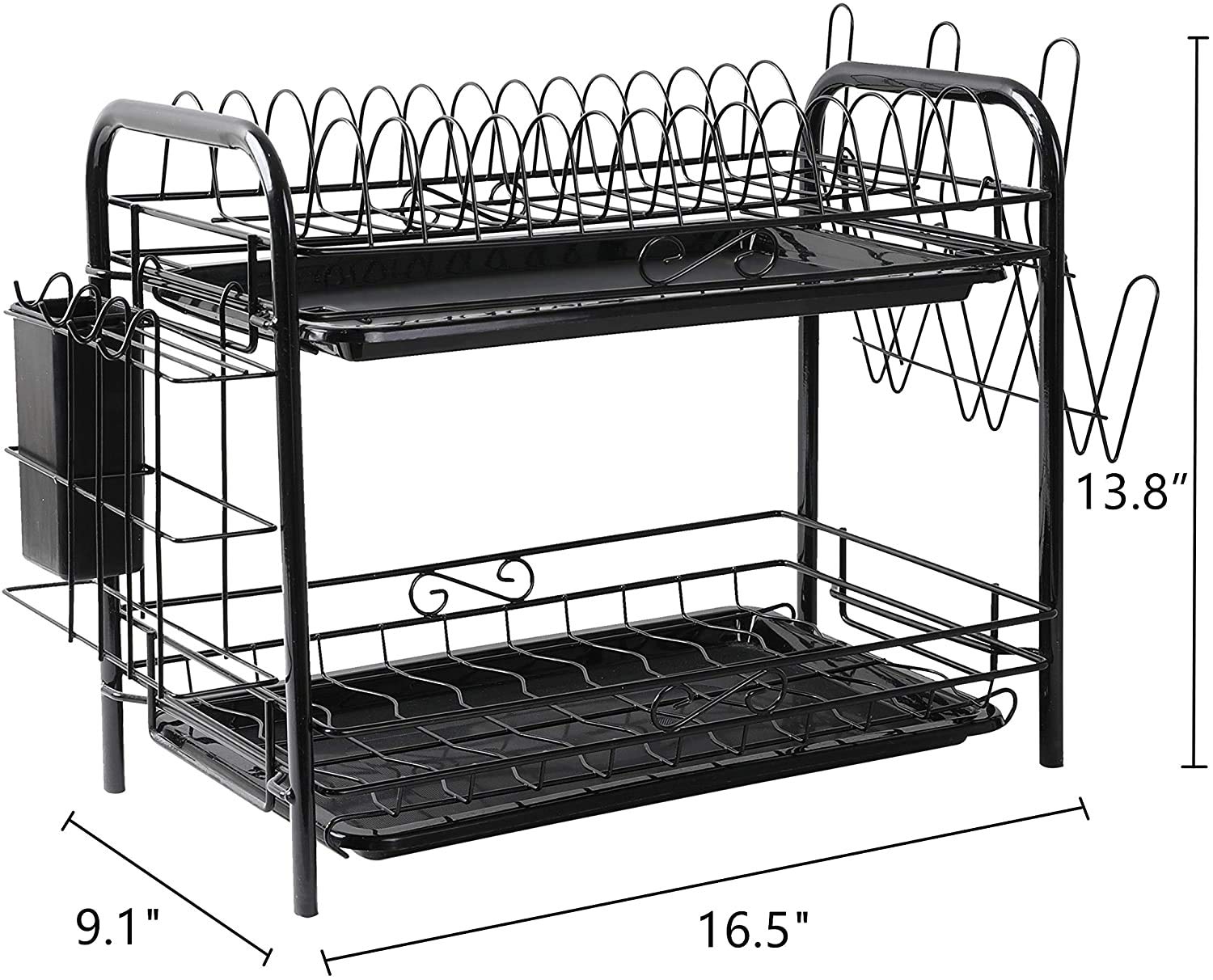 YCOCO Abtropfgestell, 2 Etagen, rostfrei, Abtropfgestell für Küche, Organizer, platzsparendes Regal mit abnehmbarem Abfluss, Utensilienhalter, Getränkehalter und Haken, schwarz