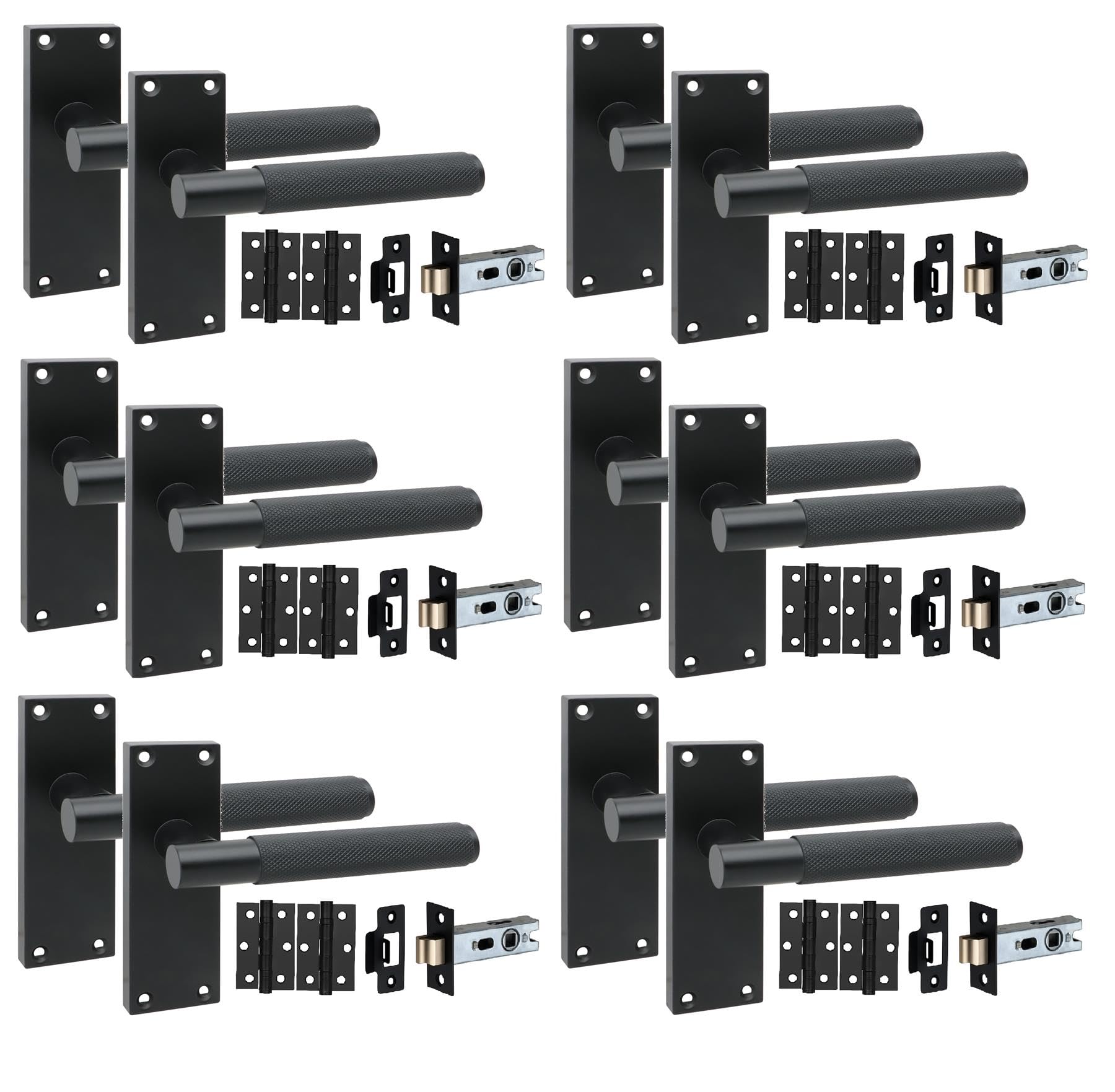 Golden Grace 6 Pair Victorian T-Bar Knurled Internal Door Handle Sets Matt Black 120 x 40mm with 2.5" Latch & Hinges