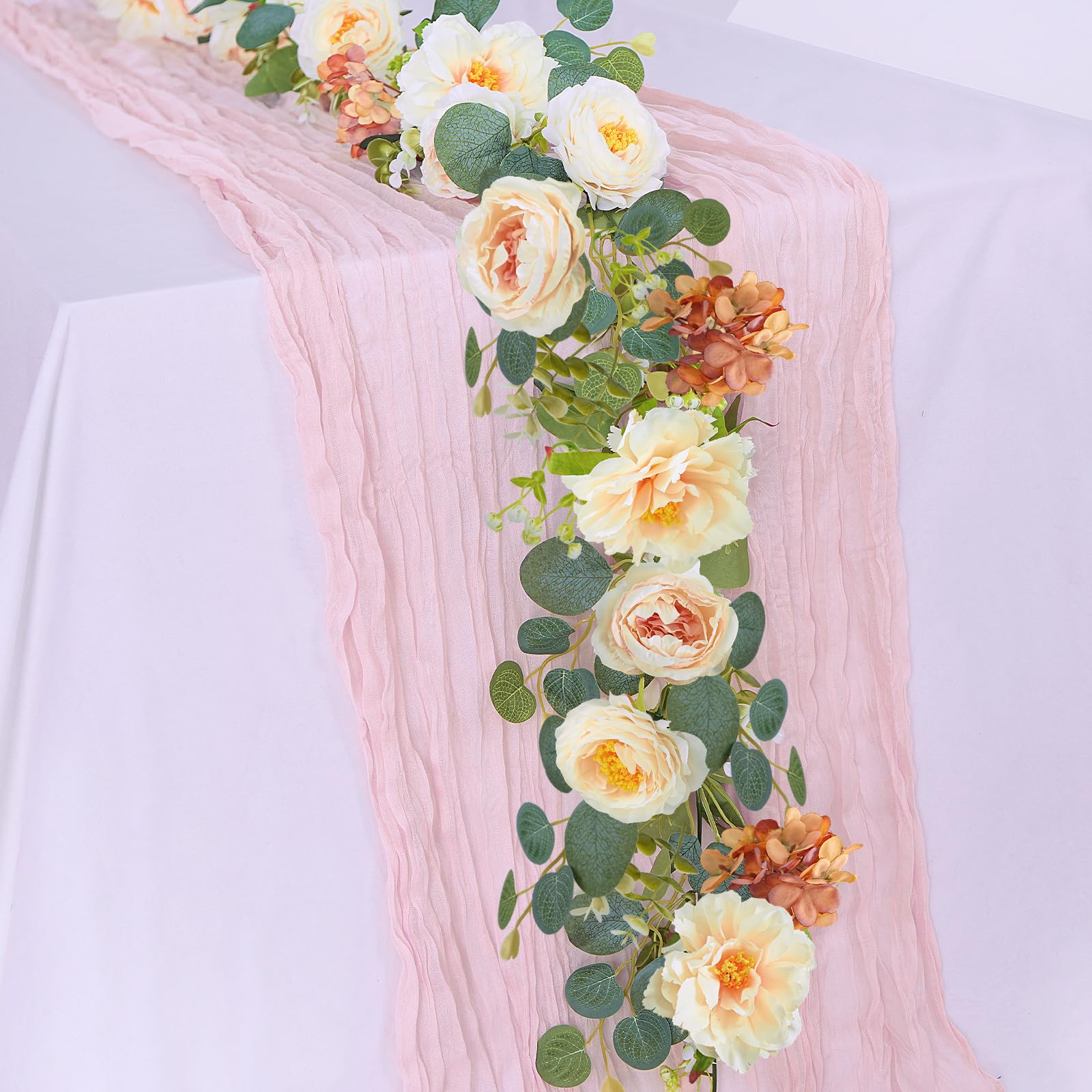 2Pcs 12FT Fall Garlands Autumn Orange Garland Flowers Artificial Hydrangea Rose Flower Floral Garland with Eucalyptus for Mantle Table Centerpiece