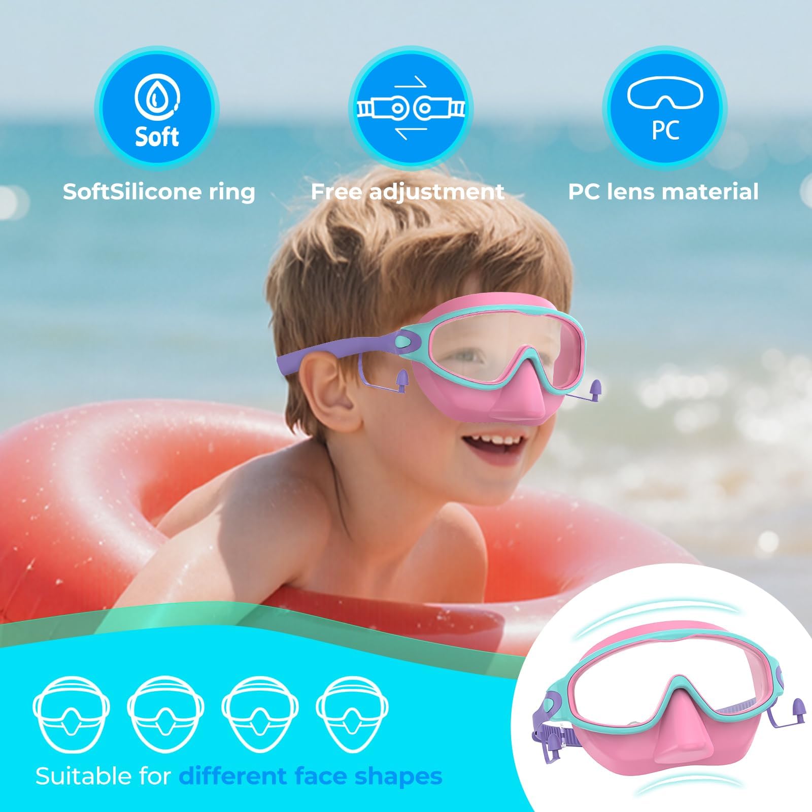 Schwimmbrille für Kinder von 3–15 Jahren mit Ohrstöpseln, großer Rahmen, Anti-Beschlag/UV, mit Nasenpolstern für Jungen, Mädchen, Kleinkinder, 2 Stück, Rosa und Korallenviolett
