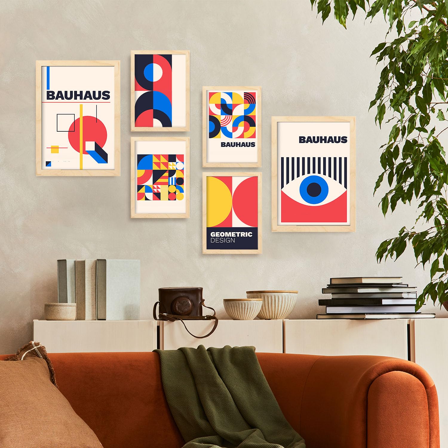Nacnic Set de 6 Laminas en Bauhaus Style 3 Laminas de colección de diseño geométrico con marcos Cuadros decorativos para su sala de estar, dormitorio, hogar Tamaños A4 y A3 con marcos de madera ligera