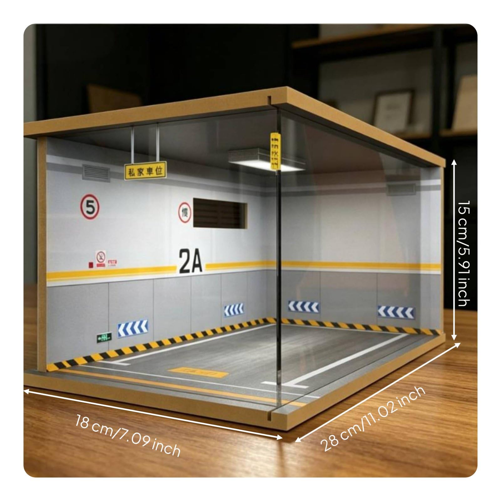 Diorama de Garaje a Escala 1/24 Maqueta Escaparate Vitrina Aparcamiento Acrílico Iluminación LED Antipolvo Apilable Madera Adecuada para Colección de , 2a-Izquierda