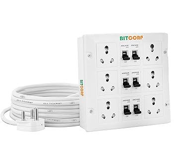 Bitcorp Extension Cord (10000W) 16A 20A 25A Spike Guard Thermal Protection 6 Way Multi Pin Outlet 6 Mcb Power Cord | 20 Meter Long Wire Cable Suitable for Small and Heavy Duty Appliance
