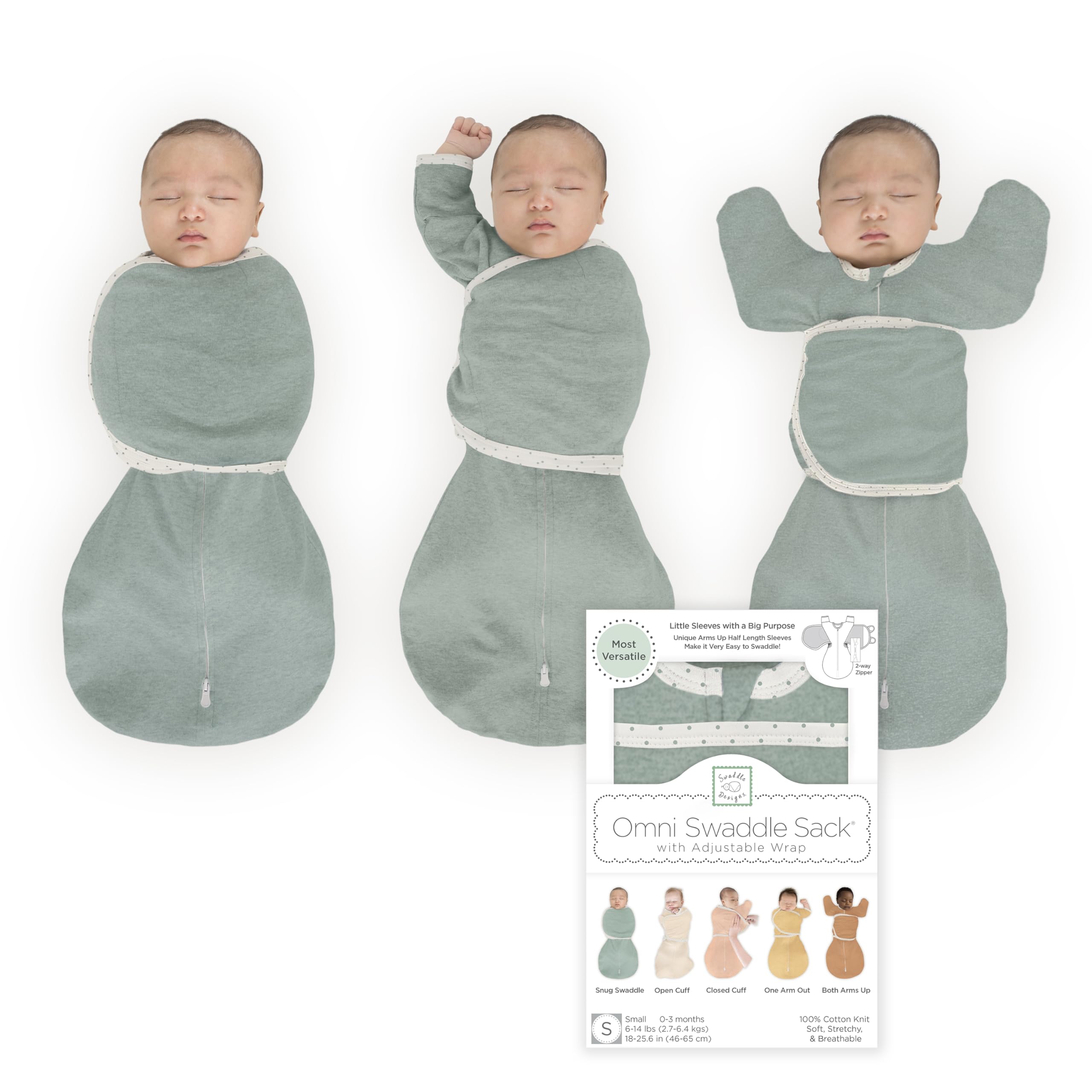 Swaddledesigns Heathered Jadeite 6-Way Omni Swaddle Sack, Baby Swaddle Blanket 0-3 Months With Arms Up Sleeves & Adjustable Wrap, Newborn Sleep Sack For Safer Sleep,