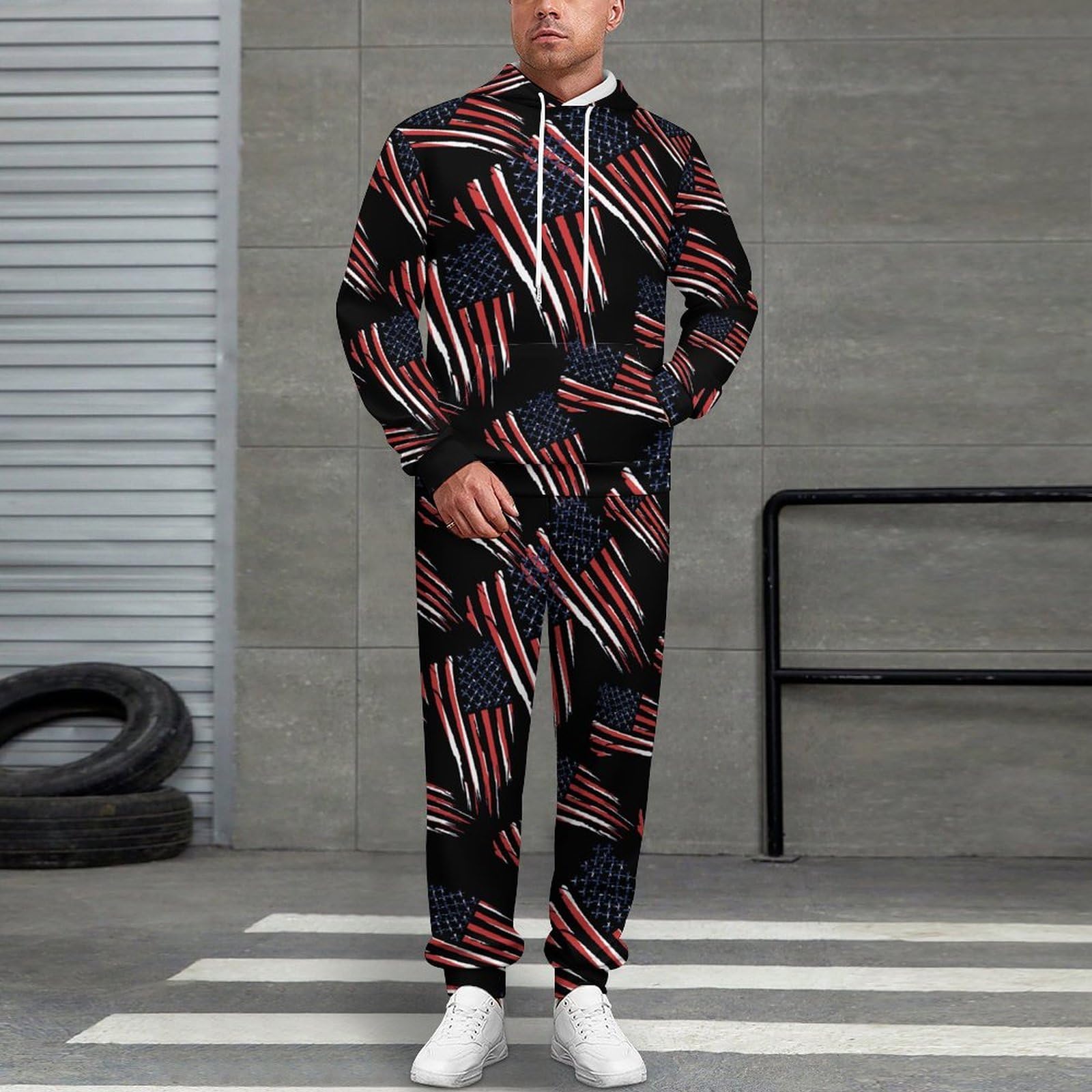 Vintage Meccanico US Flag Tute per gli Uomini Manica Lunga Felpa Con Cappuccio E Pantaloni Della Tuta Joggers Set Moda Tute