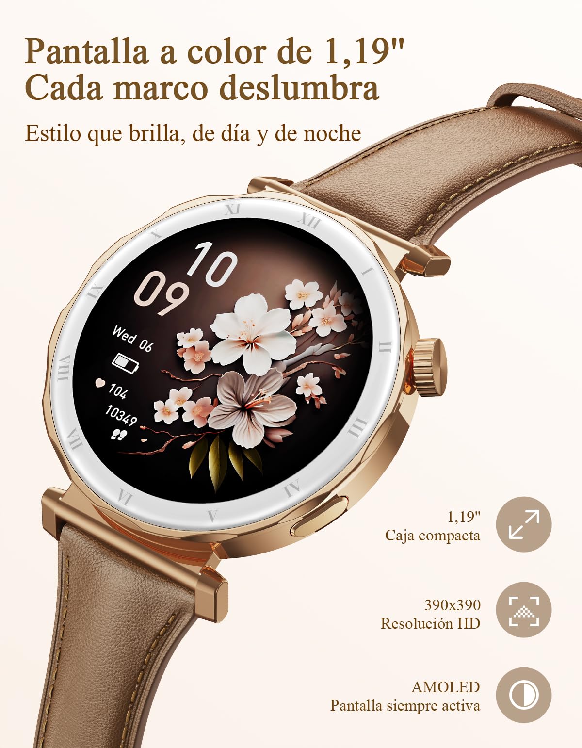 Reloj Inteligente Mujer - Elegante Pequeño, Pantalla AMOLED 1,19'' Smartwatch con Correa de Cuero, Podómetro, Pulsómetro, Sueño, IP68 Pulsera Actividad para Android iOS, Oro Rosa/Marrón
