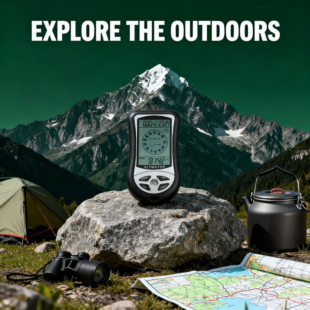 Multifunctional Portable Altimeter Barometer Weather Station, Digital Compass, Thermometer, LED Backlight - Accurate Outdoor Sensor Technology, Compact and Lightweight for Hiking