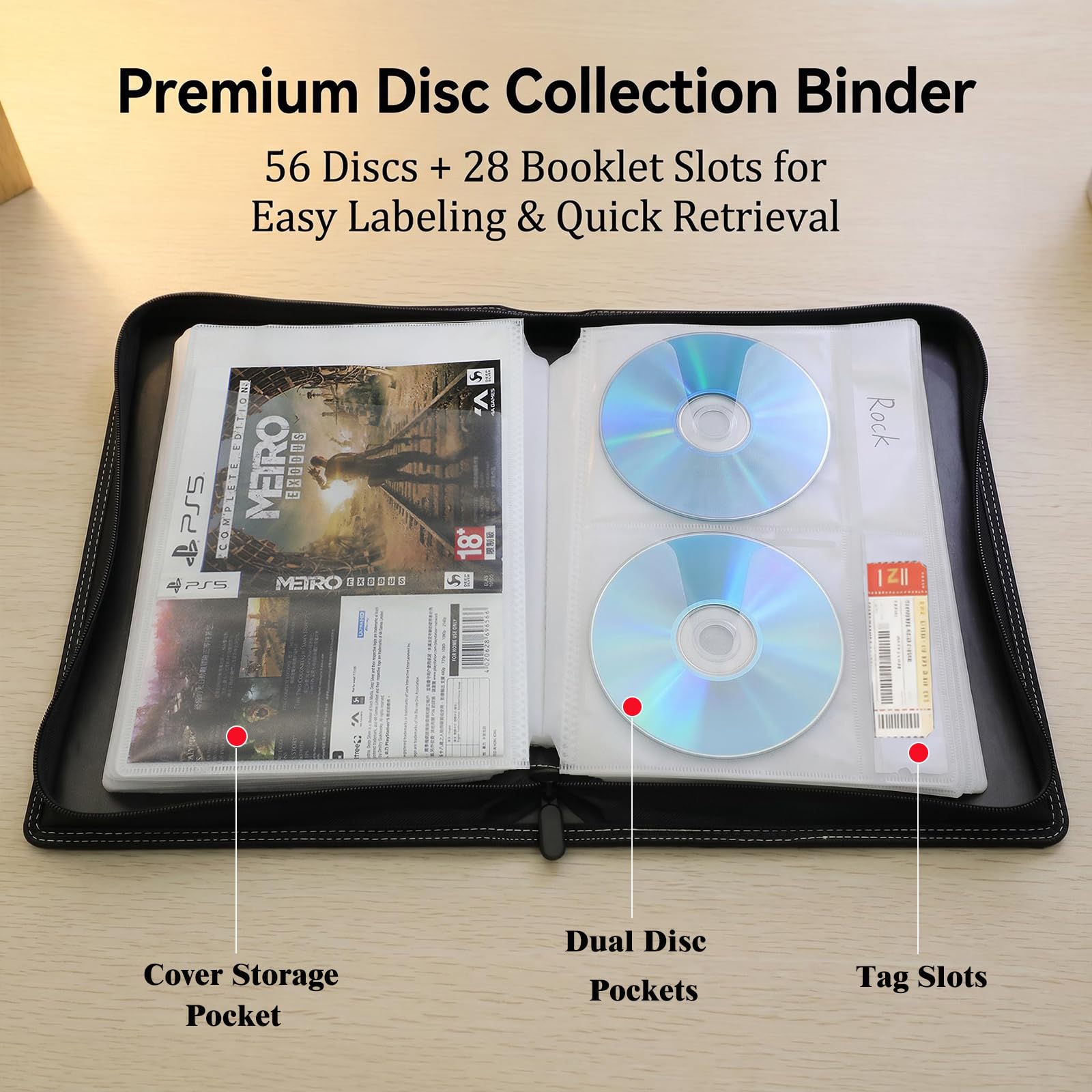 Raccoglitore per CD e DVD, contiene 112 dischi e 56 libretti con slot per etichette, organizer per media per film Blu-ray, musica, videogiochi, collezione casa e viaggi in auto (pagine