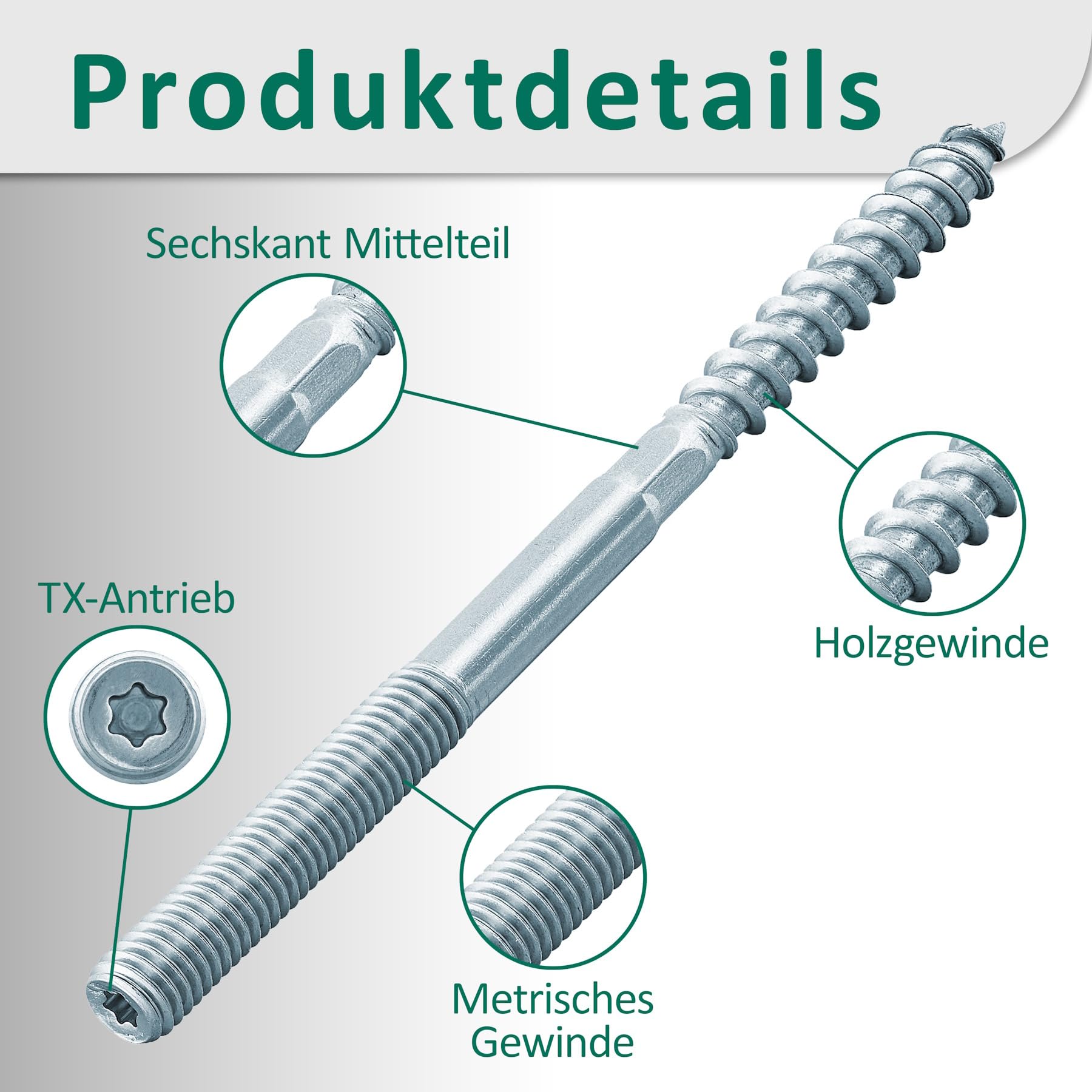 Globstar Stokschroeven 10 stuks, M10 x 200 mm, koolstofstaal, Torx-houtschroeven, dubbele schroefdraad