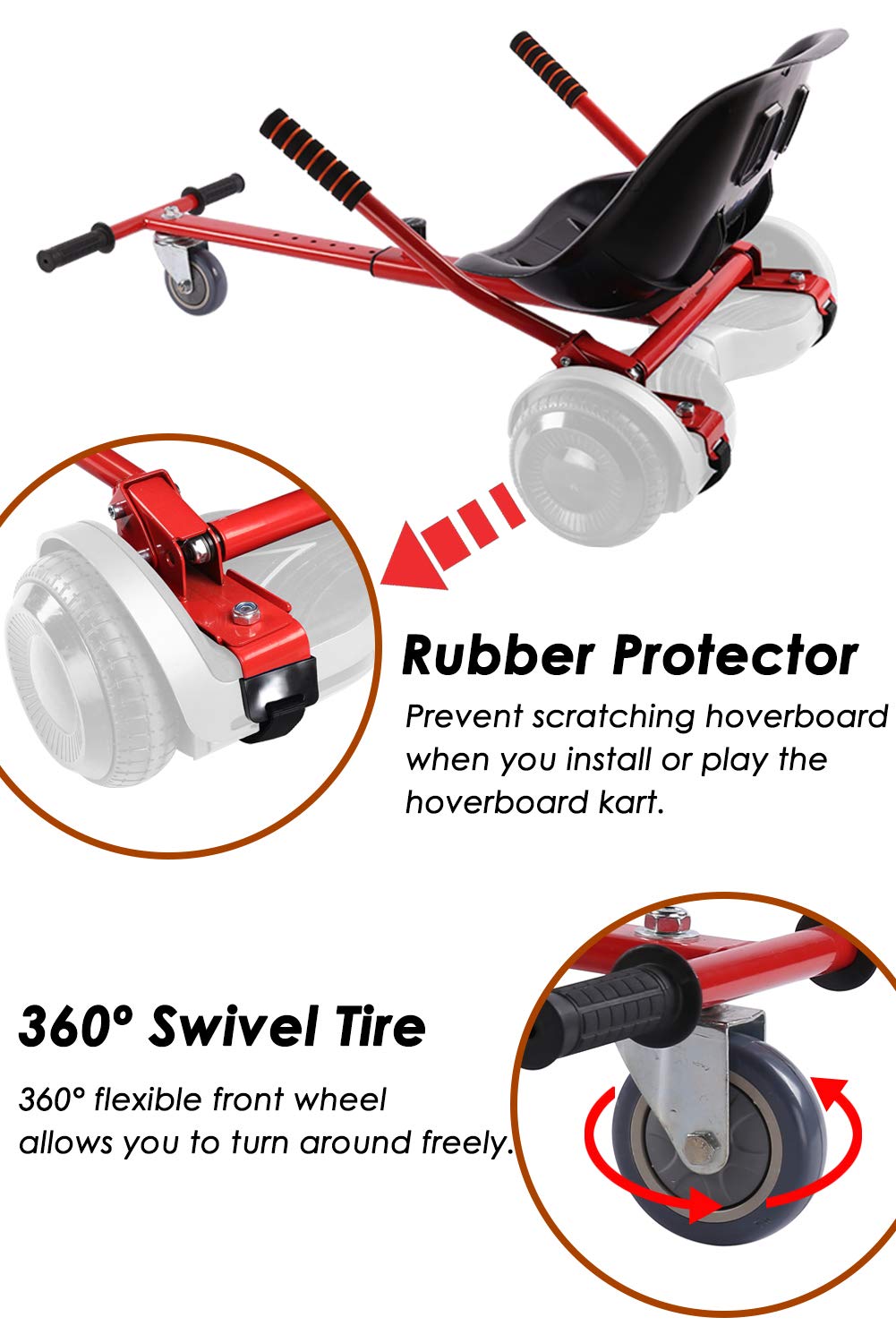 KUMAMOT Hoverboard Seat Attachment for 6.5” 8” 10” Hoverboard, Go Kart Cart Conversion Kit, Accessories for Self Balancing Scooter, Hoverboard Cart for Kids and Adult, Adjustable Frame Length, Red