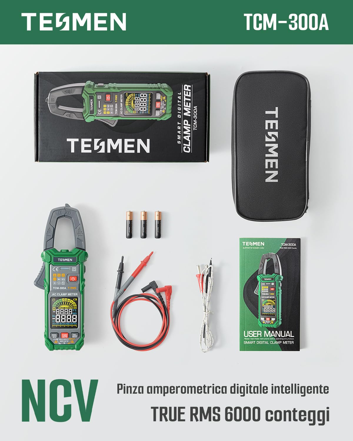 TESMEN TCM-300A Pinza Amperometrica con 6000 conteggi amperometro T-RMS multimetro a range automatico voltmetro con corrente AC tensione AC/DC NCV/filo attivo resistenza di inrush temperatura - Verde