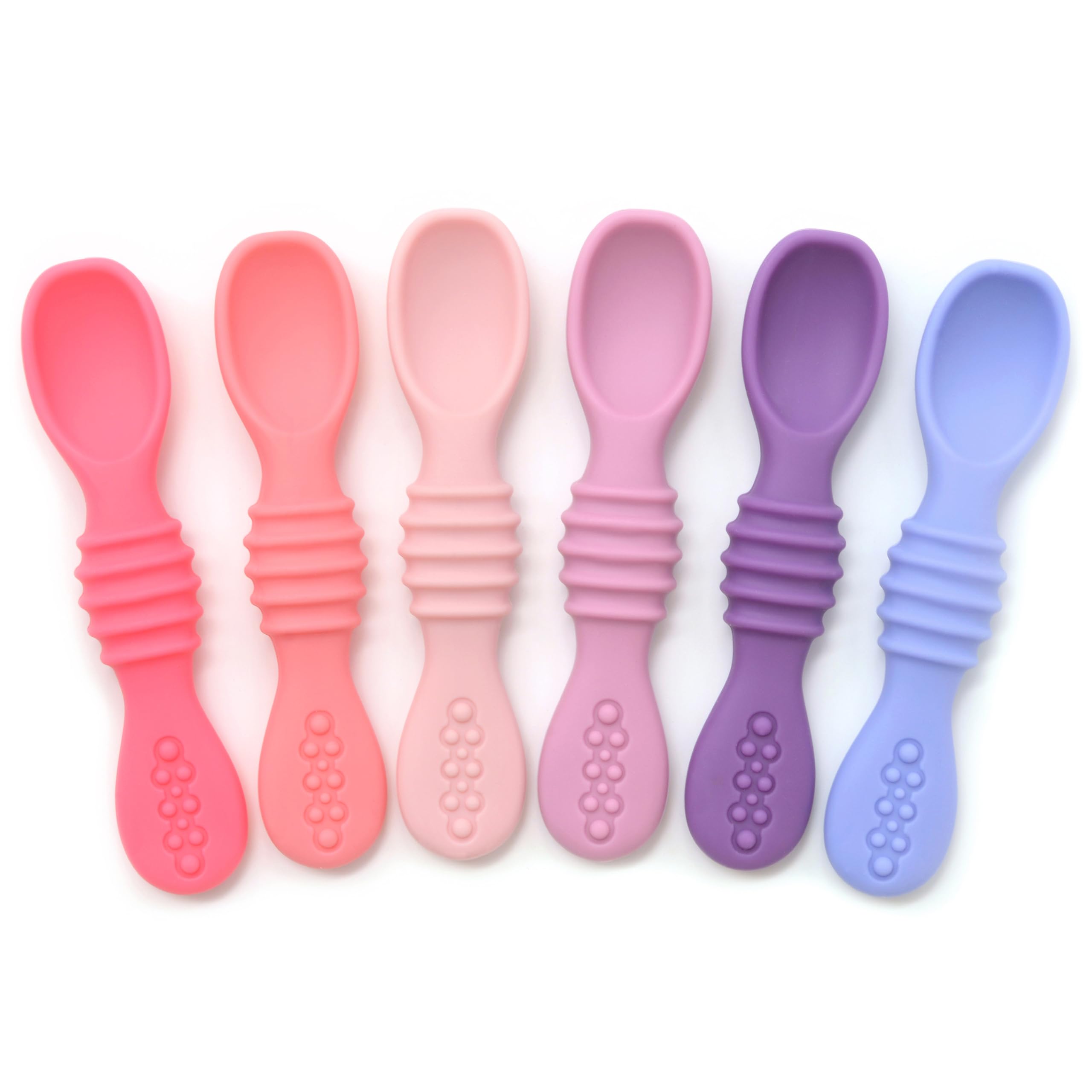 PrimaStella Silicone Chew Spoon Set for Babies and Toddlers | Safety Tested | BPA Free | Baby Spoon 6 Pack (Pink/Purple)