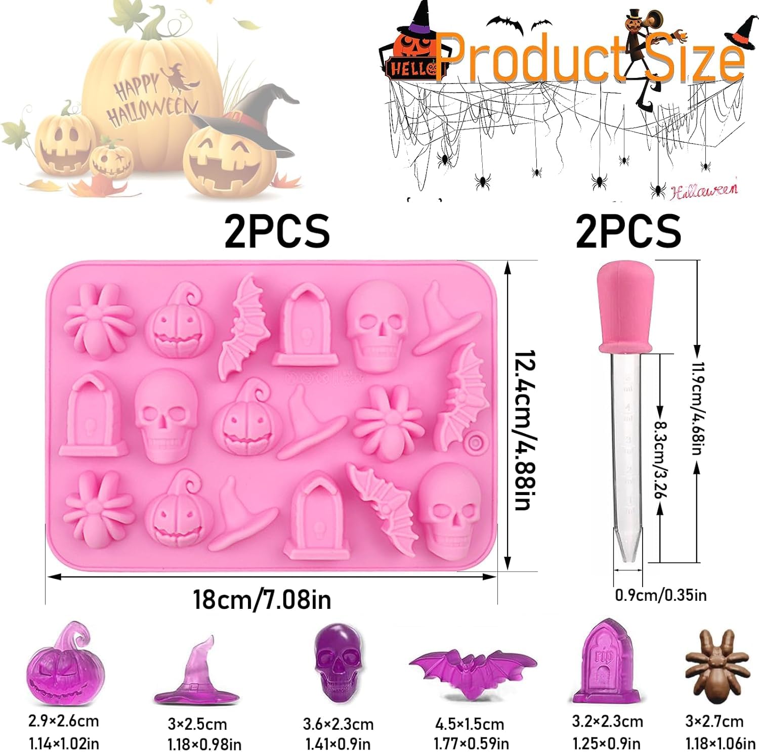 Molde de silicona para Halloween, paquete de 2 moldes de chocolates 3D para Halloween, chocolate, caramelos, calavera, calabaza, murciélago, fantasma, bruja, sombrero, araña, lápida, formas