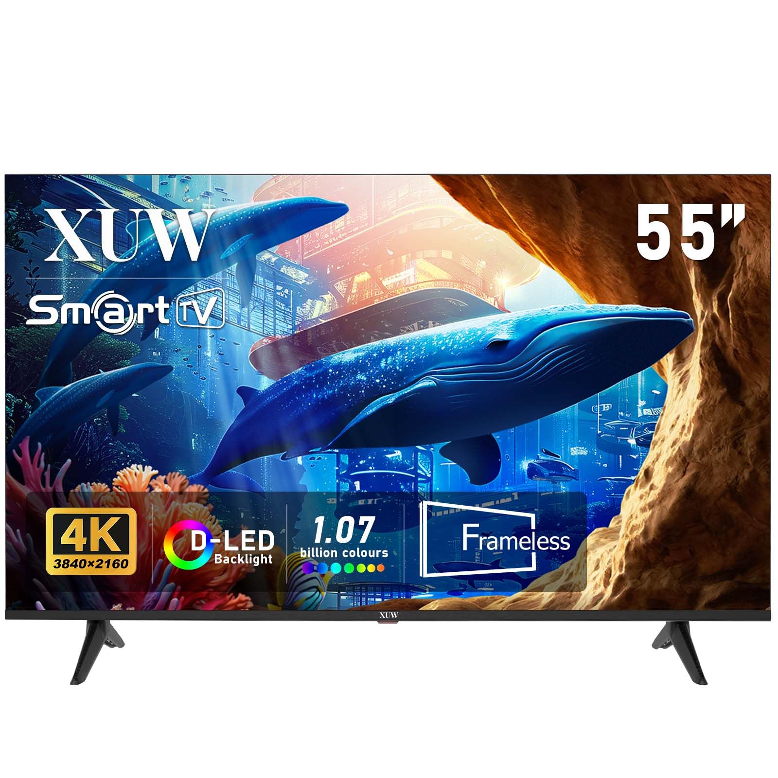 Téléviseur intelligent UHD 4K 55 pouces, rétro-éclairage D-LED, design sans bordures, interface HDMI USB DVB-T2/S2 RJ45, grand écran pour salon, chambre, divertissement à domicile – Noir