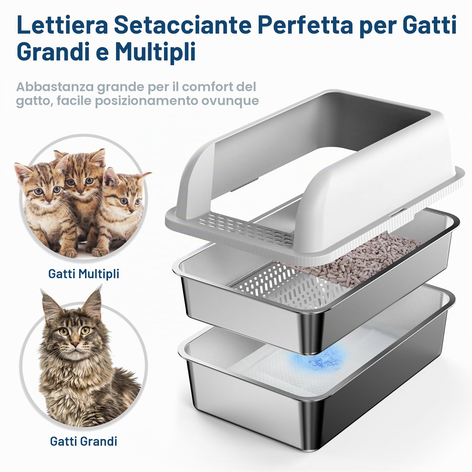 Cassetta XL per lettiera, chiusa, in acciaio inox, da 60,6 x 40,6 x 30,5 cm con coperchio, per lettiere in pellet di pino, lati alti per gatti grandi, anti-perdite, facile da pulire, meno dispersione