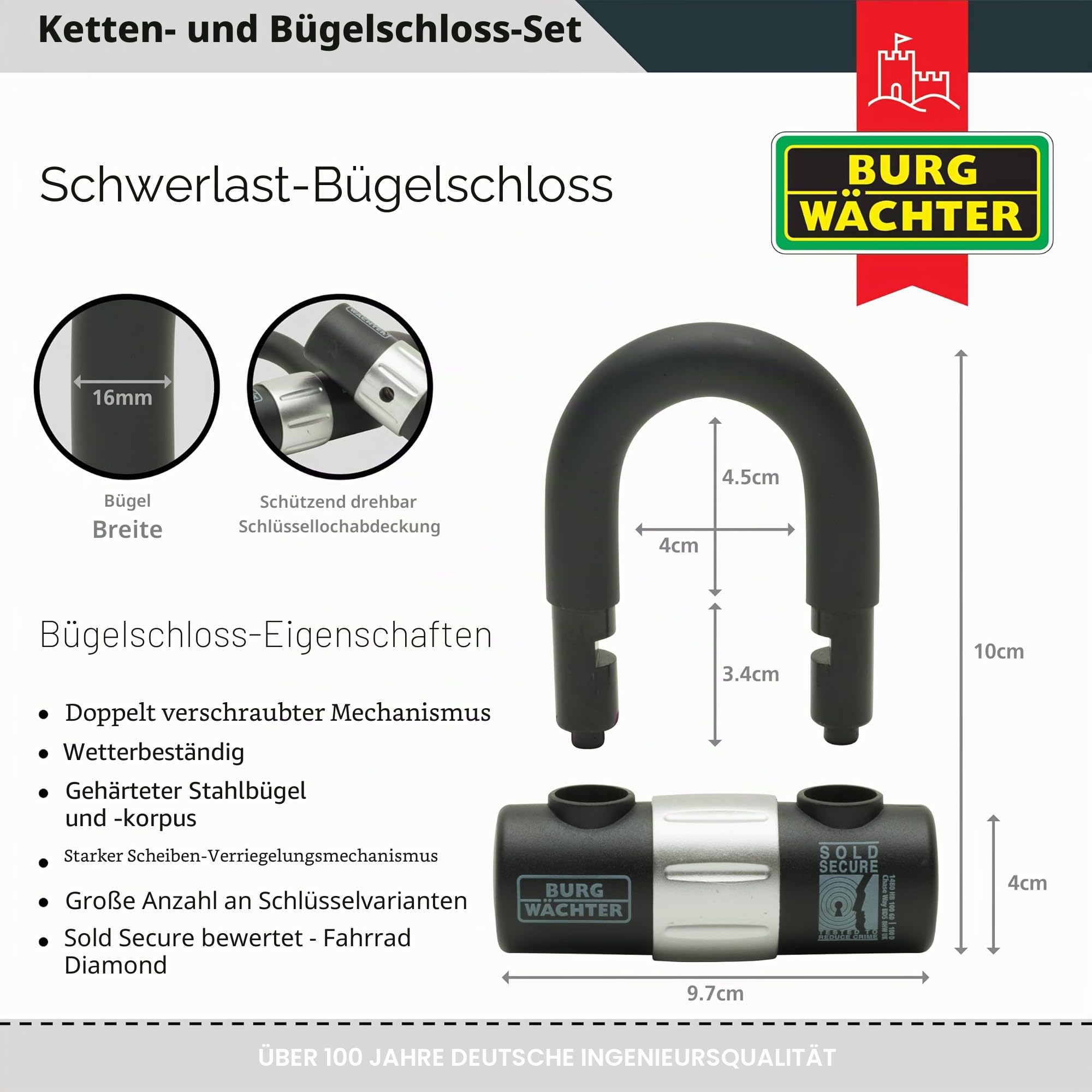 Burg-Wachter Sold Secure Gold Fahrradkette und Schloss Kit, 1 m, Schwarz