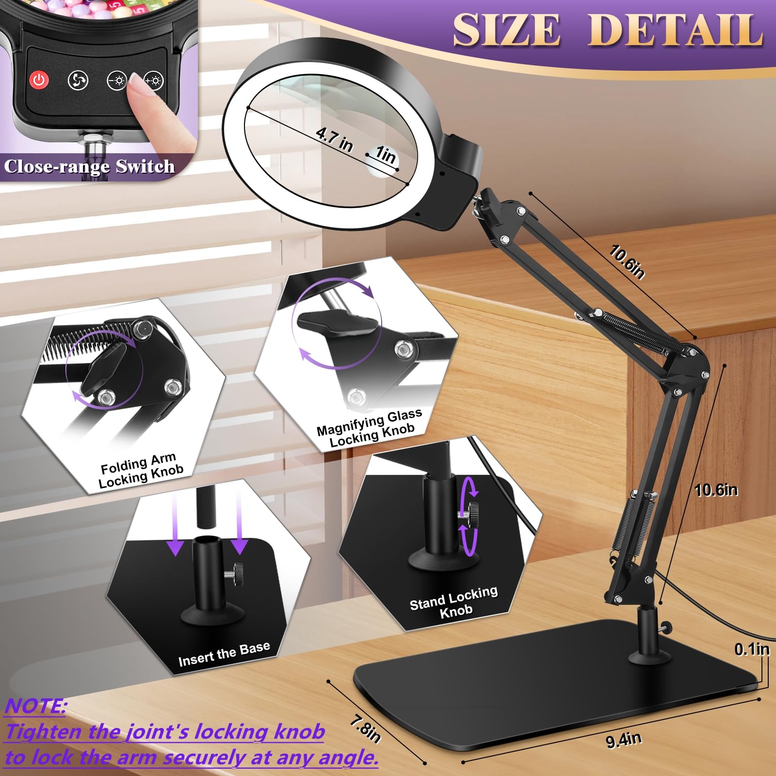 Lupa grande de 10 x 30 x con luz y soporte, lupa iluminada de 5 pulgadas, 72 LED de 3 modos de color regulable, lámpara de computadora de lupa manos libres para lectura, manualidades, pasatiempo