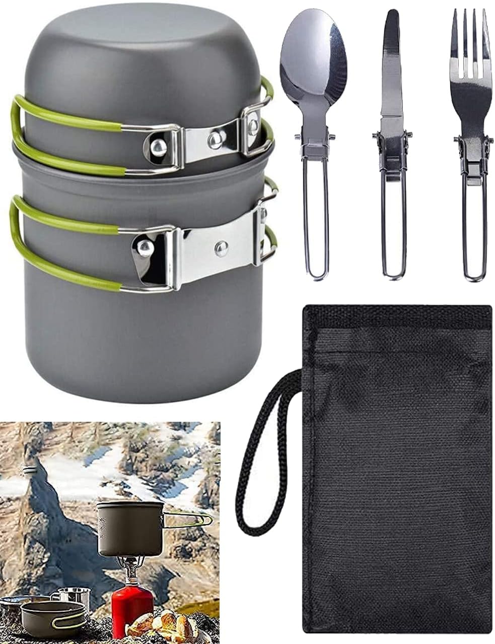 5 PCS Camping Cookware Outdoor Set with Fork Spoon, Portable Bowl Pot Pan Picnic Hiking Barbecue