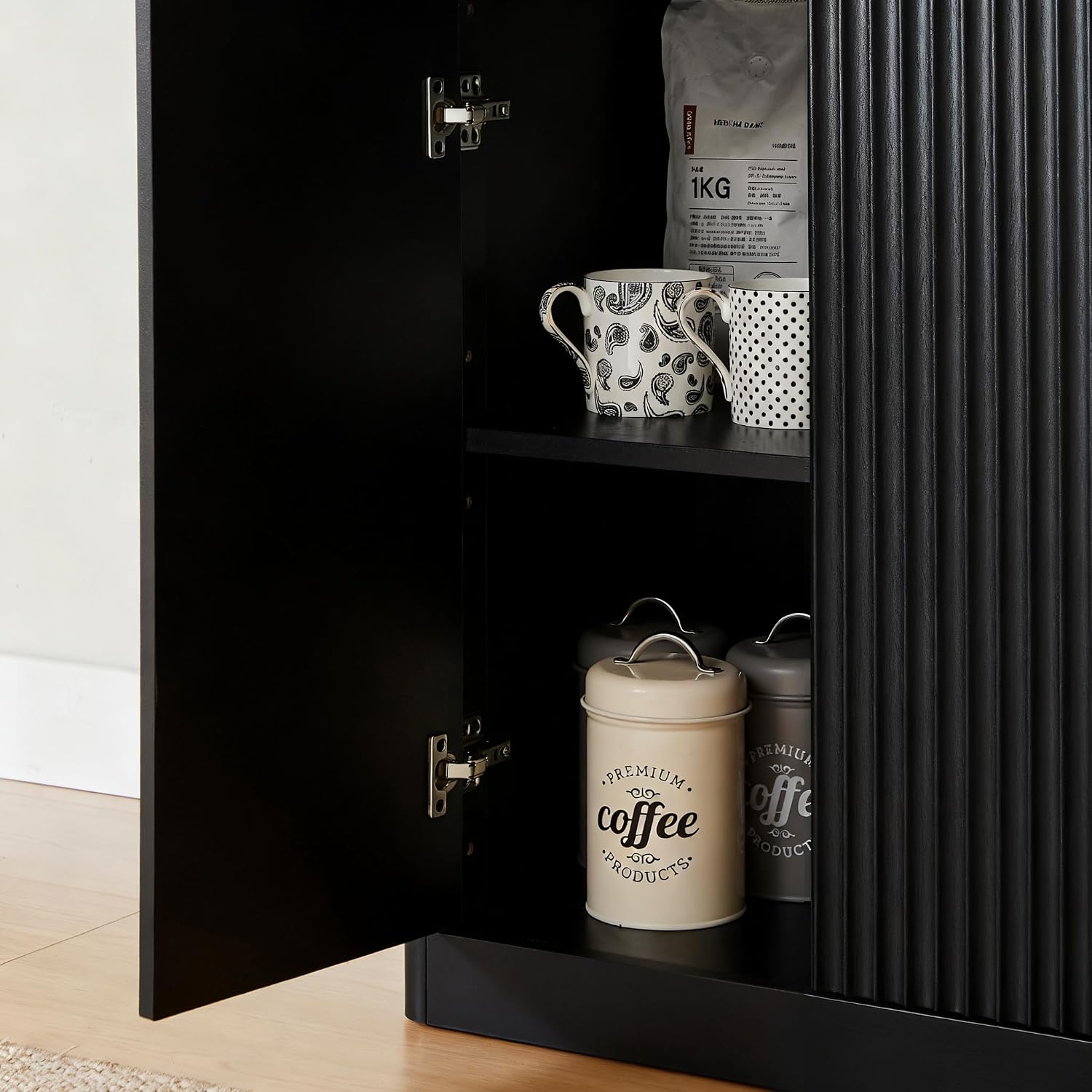 67'' Fluted Sideboard Buffet Cabinet with Storage, 4-Door Credenza Adjustable Shelves, Accent Coffee Bar Console Table for Dining, Kitchen, Living Room, Entryway, Black