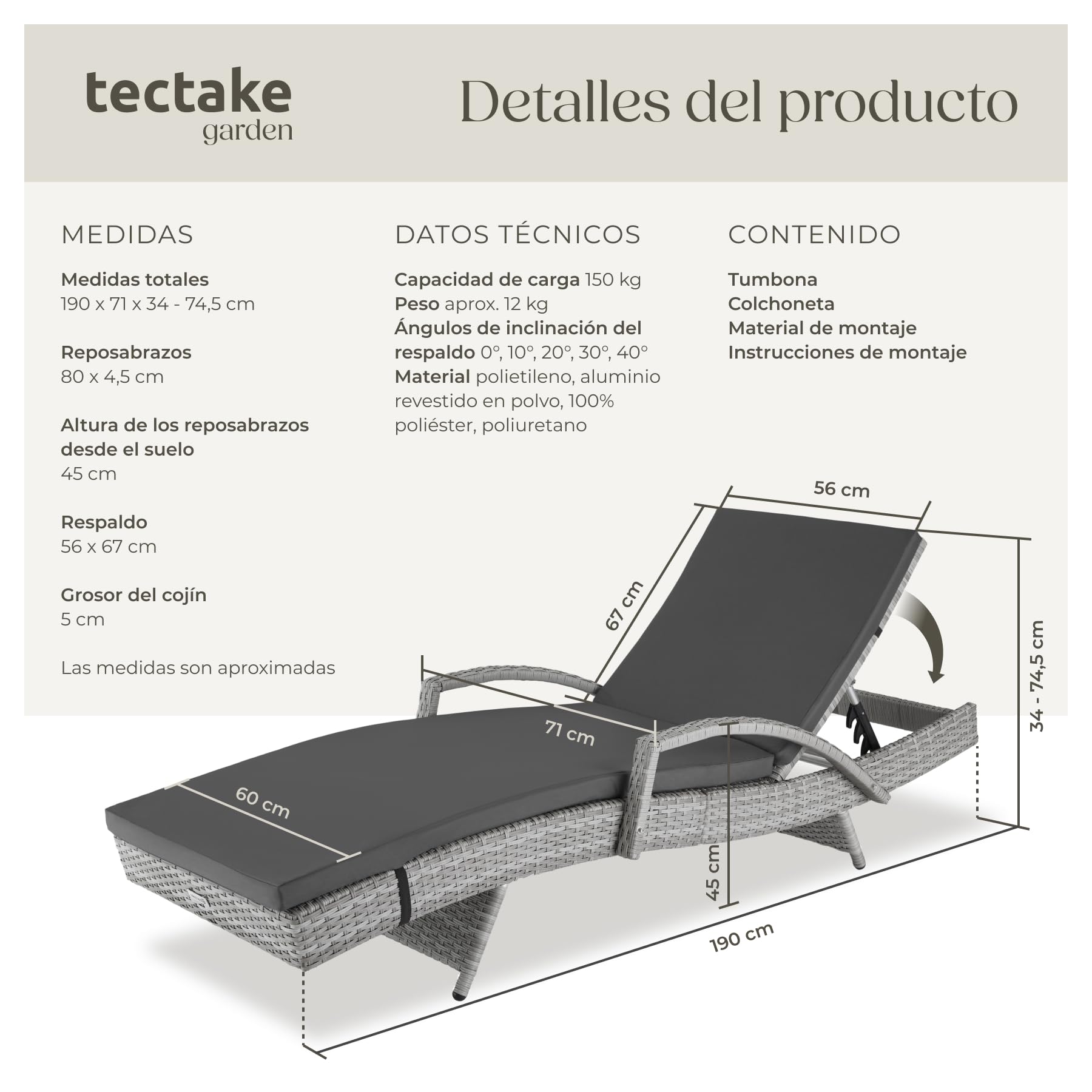 tectake® Tumbona Jardín Exterior de Ratán y Aluminio, Tumbona de Piscina con Respaldo Regulable en 5 Posiciones, Tumbona de Playa Impermeble y Resistente a Intemperie, Fácil Limpieza - Gris Claro