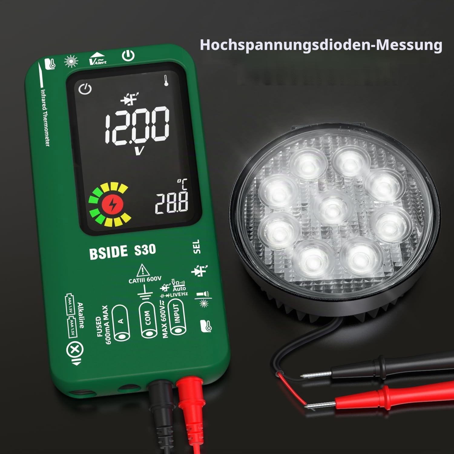 BSIDE Digitales Automatisches Multimeter Infrarot Thermometer Hochspannung Diode LED Tester 9999 Zähler Farb LCD Spannungsprüfer Strommessgerät Kapazität Diode Ohm Messgerät für LED KFZ Elektriker