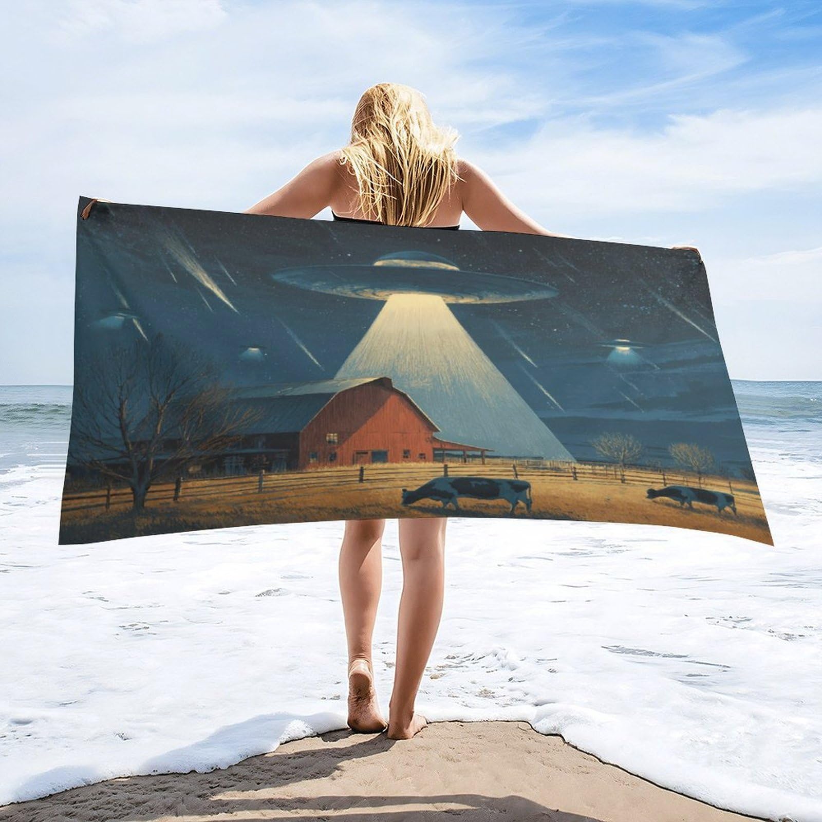 Luyysky Retro Watercolor Farmhouse Ufo Absorbent Beach Towel, Modern Western Farm Log Cabin Barn Animal Cow Outdoor Single-Sided Velvet Beach Towel-80 W Cm X 160" L Cm