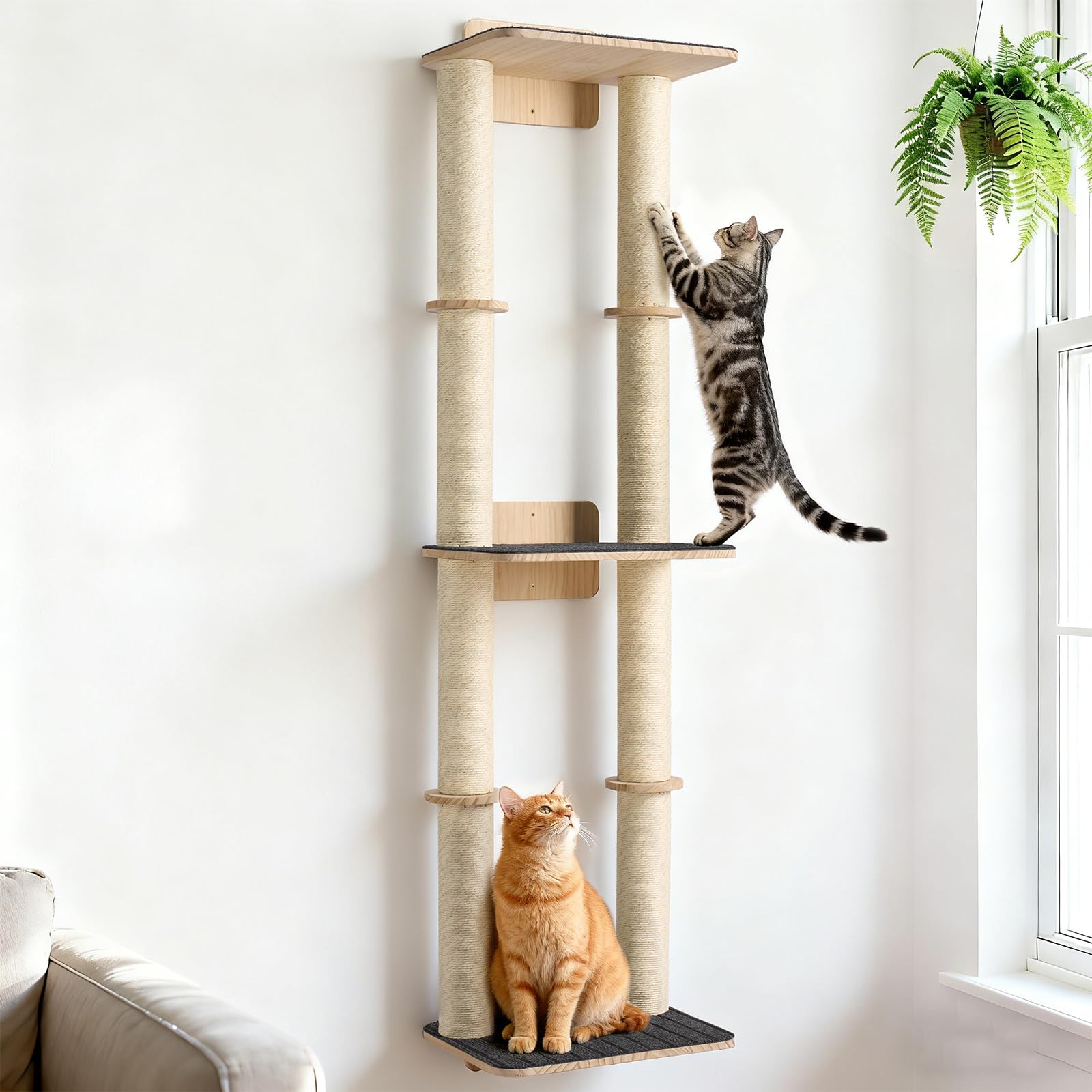 Veehoo Cat Wall Shelves, 57" Cat Wall Climber with Dual Sisal Scratching Posts and Carpeted Perch, Cats Wall Scratcher Furniture for Climb, Play and Rest