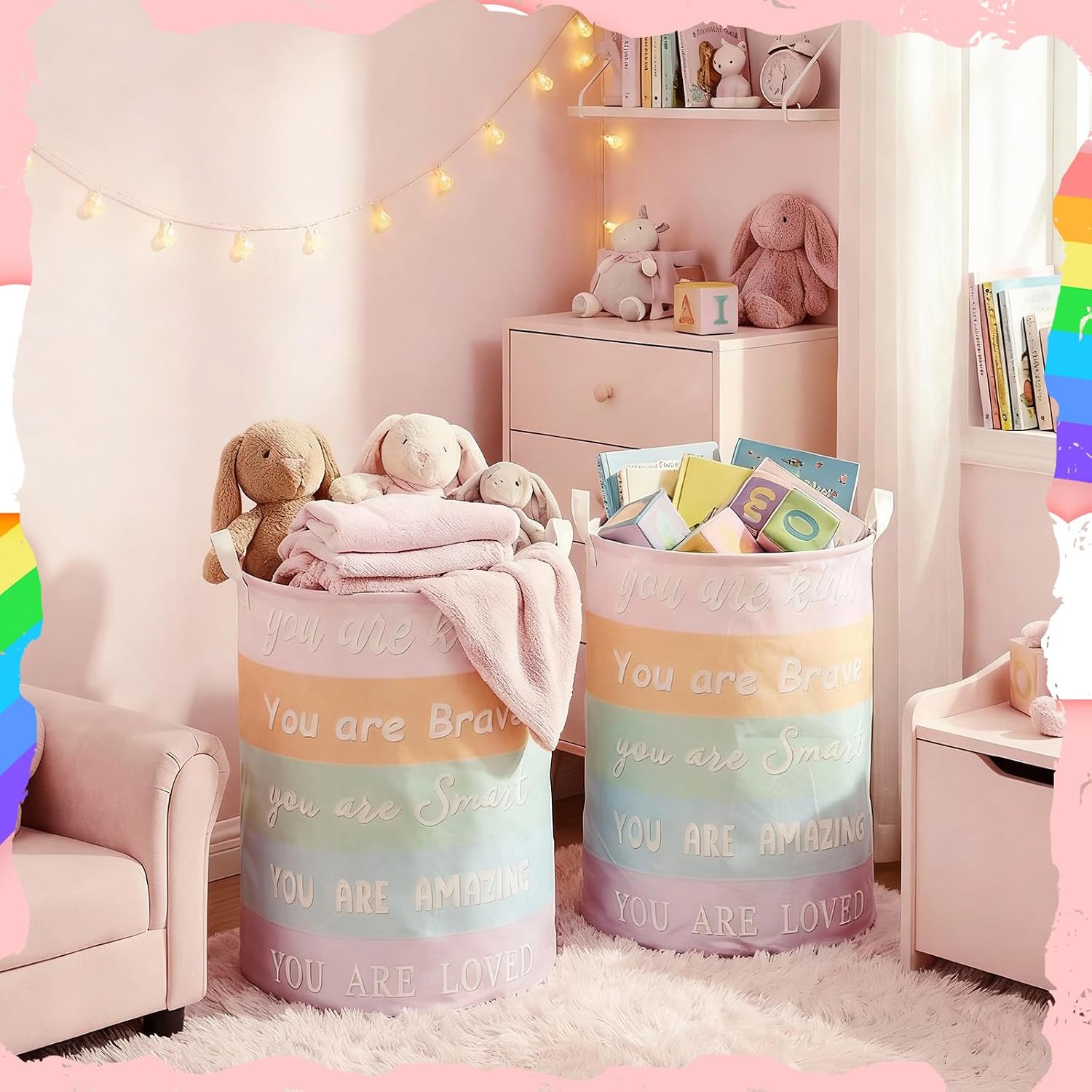 AceOrbit 2 Pcs 19.7 Inch Laundry Hamper Collapsible Laundry Basket Nursery Hamper Toy Organizer for College Dorms Bedroom Bathroom Dirty Clothes(Inspirational)