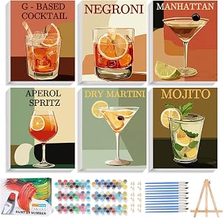 Reivworl 6 Pack Framed Paint by Numbers for Adults with Wooden Easel, Cocktail Paint by Numbers Kit for Adults Beginner, Acrylic Painting by Number for Home Decor 9.5X12 Inch