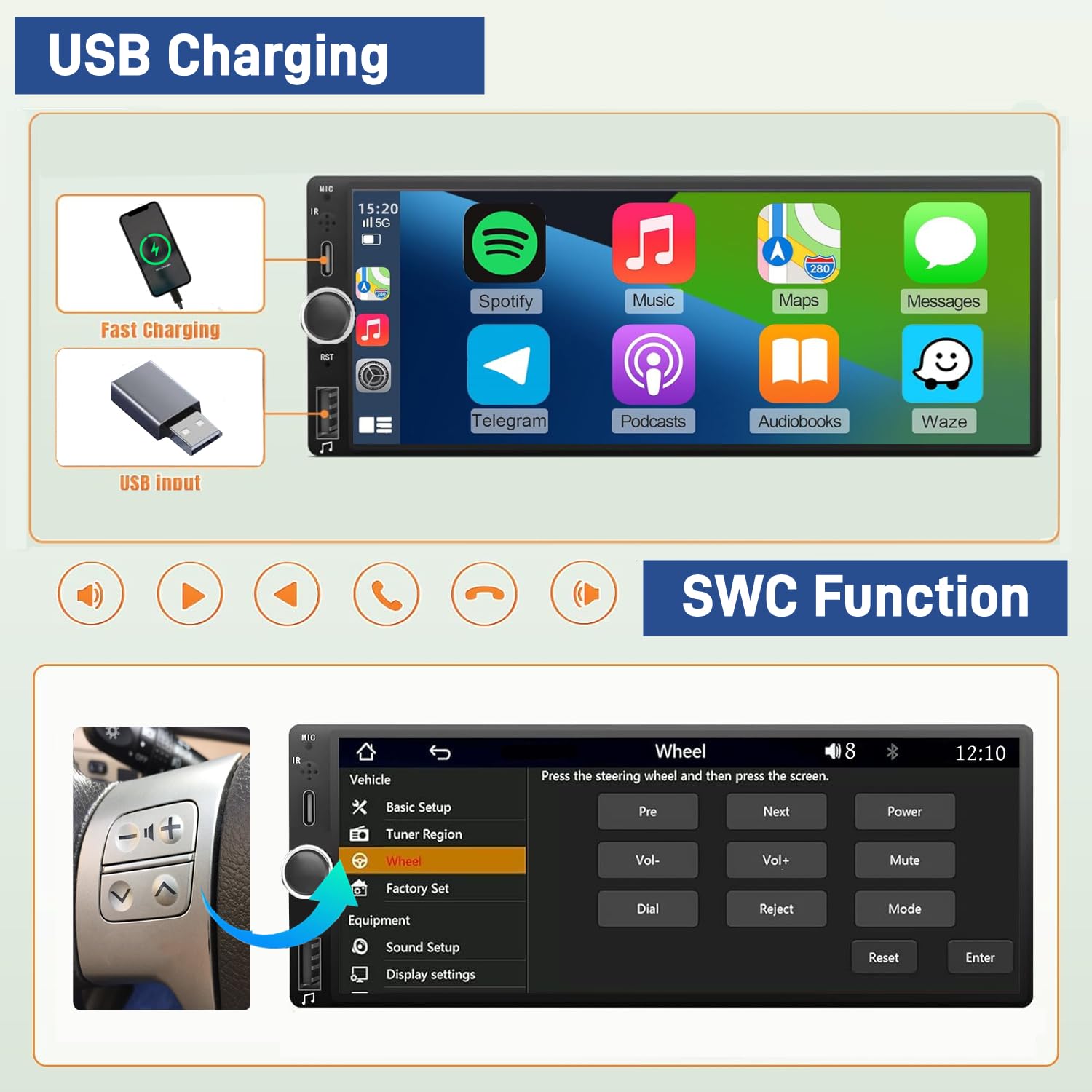 Wireless Autoradio CarPlay 1 DIN - 6.86 Pouces HD Ecran Tactile Radio Car Play sans Fil Soutien PhoneLink iOS/Android avec Caméra de Recul, RDS Radio FM/Type-C de Recharge/Mic/EQ/SWC