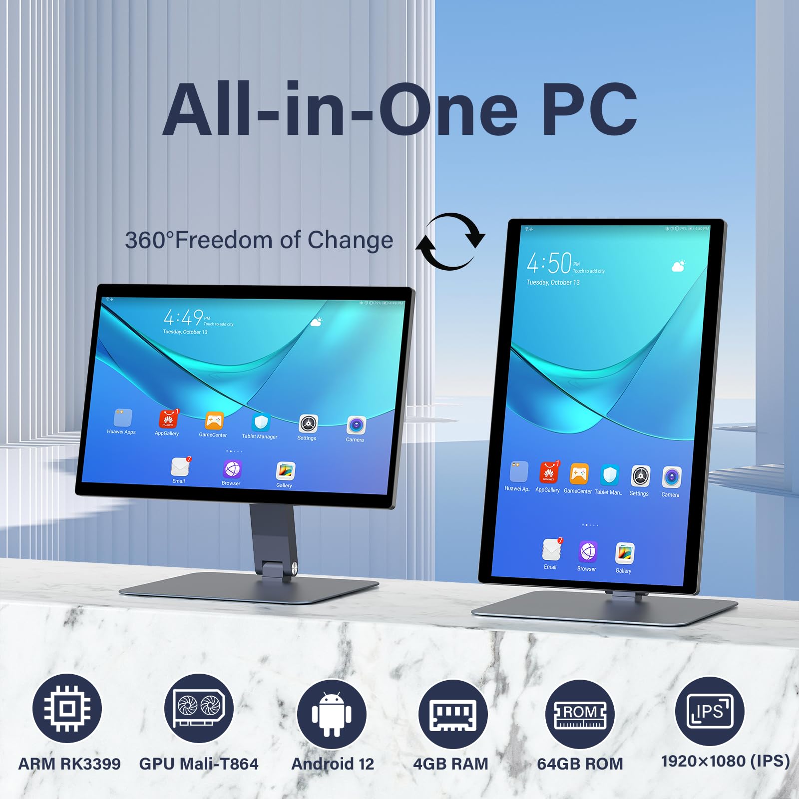 15.6" All-in-One Desktop Computers, FHD 180°Adjustable Touchscreen Android 12 Industrial Computer RK3399 4GB RAM/64GB ROM, HDMI 2.0 WiFi Bluetooth 4.2 for Office/Automation/Kiosk/Bar/Warehouse