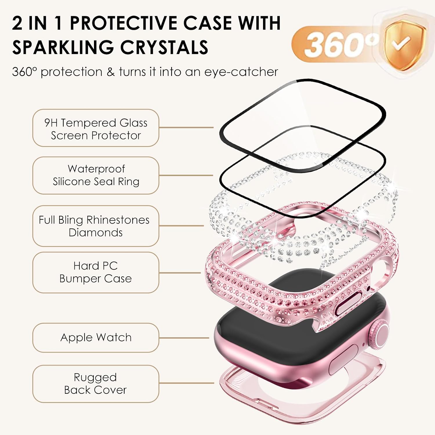 WINGLE 2-in-1 Waterproof Case for Apple Watch Series 11 10 46mm Screen Protector Case, Full Bling Diamond Protective Face Cover Apple Watch 11 10 46 mm Crystal Rhinestone Bumper iWatch Women, Pink