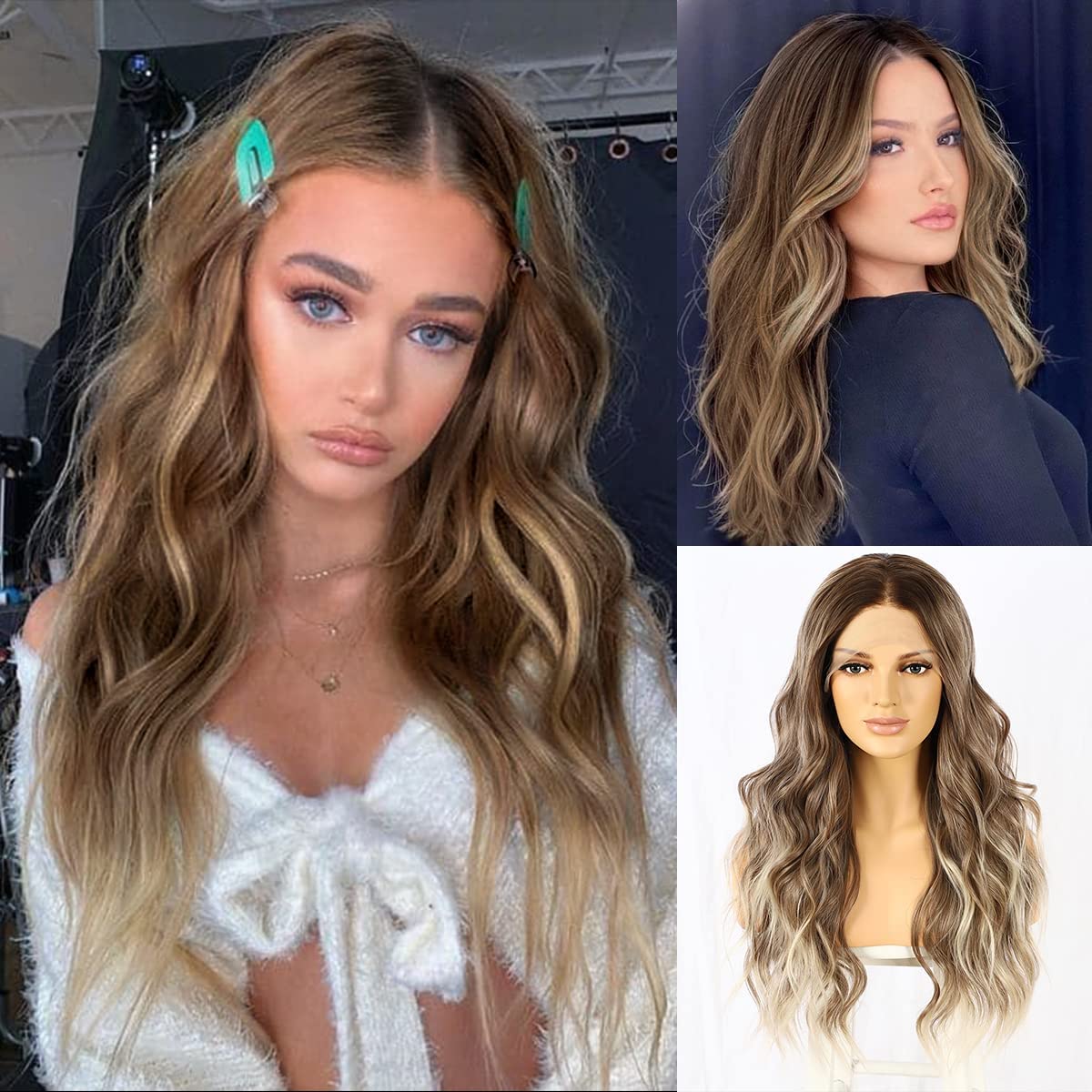 BABEHERS Wig Balayage Honey Blonde Ash blonde Wig Lace Front Wigs Brown Grey Wig Natural Hairline Long Body Wave 13x3 Daily Wear Party Heat Resistant Wig 24inch for Women