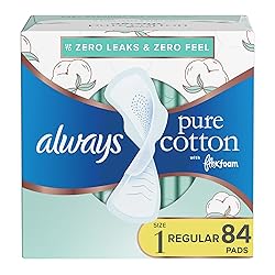 Always Pure Cotton Feminine Pads for Women, FlexFoam Pads with Wings, Size 1, Regular Absorbency, Unscented, 84 Count (3 Packs of 28)
