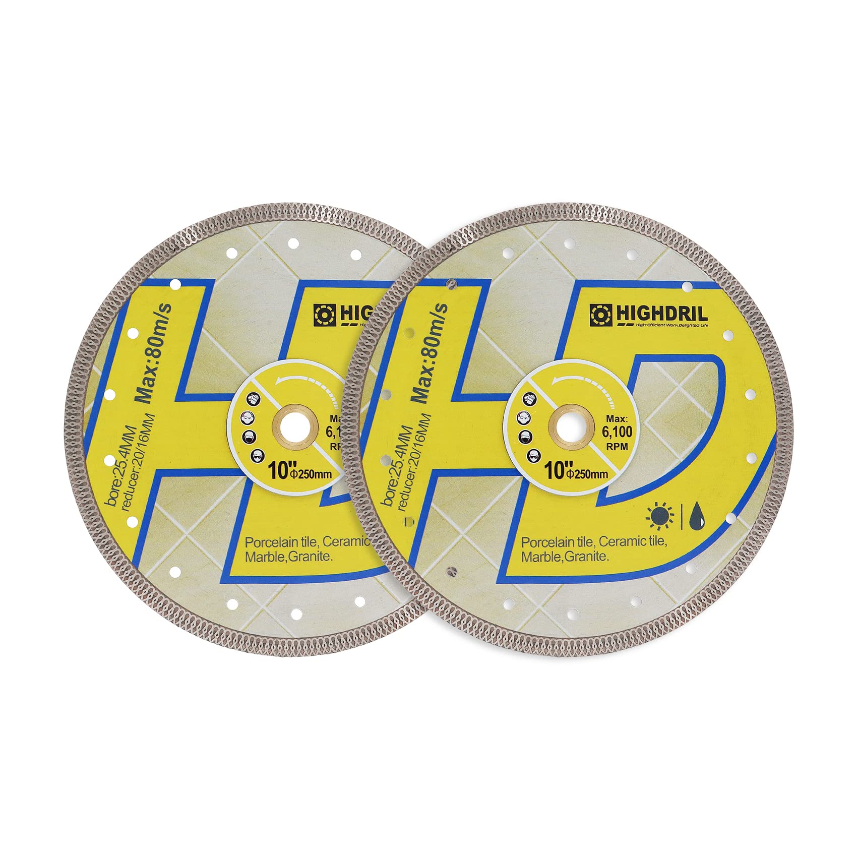 HIGHDRIL Diamond Saw Blade - 2pcs 250MM/10 Inch Diamond Tile Blade Disc Cutting Porcelain Tile Ceramic Granite Marble Dry or Wet Use Circular Saw Blade with Turbo X Mesh