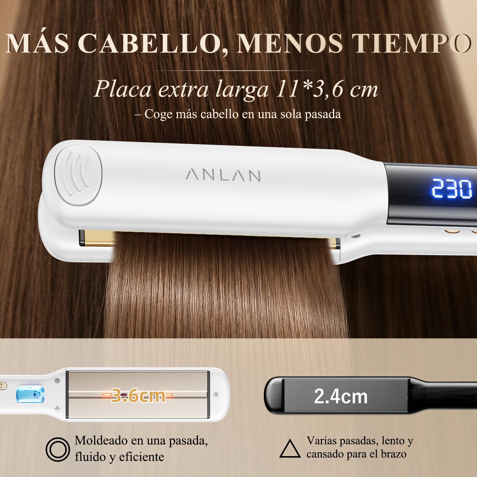 ANLAN Plancha de pelo iónica con luz roja, placas cerámicas flotantes 3D de 36 mm, Rápido 15s, 14 niveles, pantalla LCD, profesional e inteligente