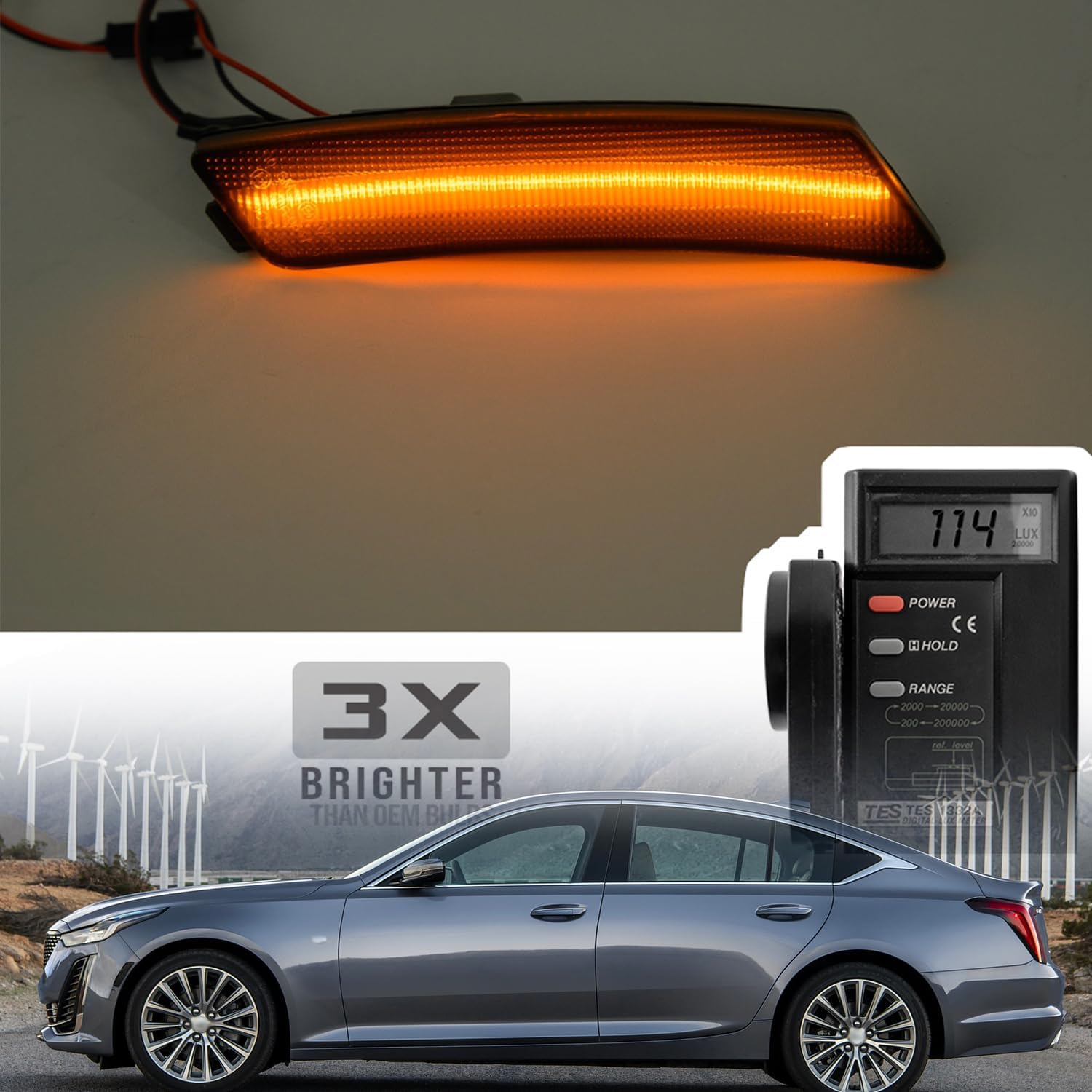 NSLUMO Side Marker Lights Compatible w/Cadillac CT5 2020-2023 Amber LED Front Bumper Reflector Repeater Lamp Kit LH RH Smoked Lens Strip Sidemarkers OEM Replacement