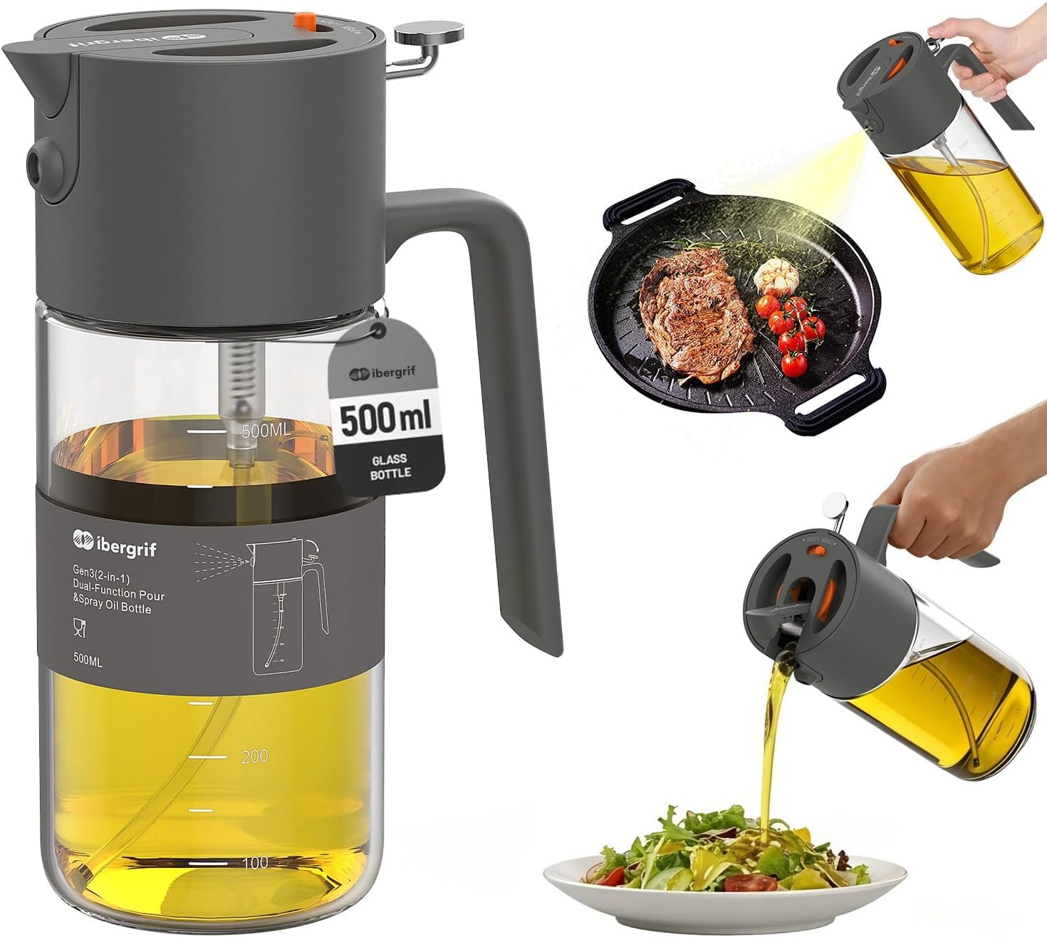Ibergrif 2-in-1 Spray & Pour Oil Sprayer Bottle 500ml – Toggle Switch Oil Mister, Leakproof for Air Fryer, BBQ, Roasting, Grey, M530