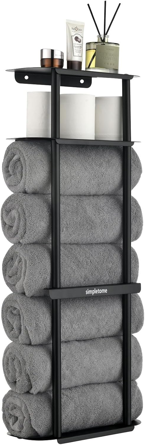 simpletome Towel Racks for Bathroom Storage Shower Organizer 31 inch Wall Mounted with Shelves Can Holds 6 Large Towels Thickened Carbon Steel (Matte Black)