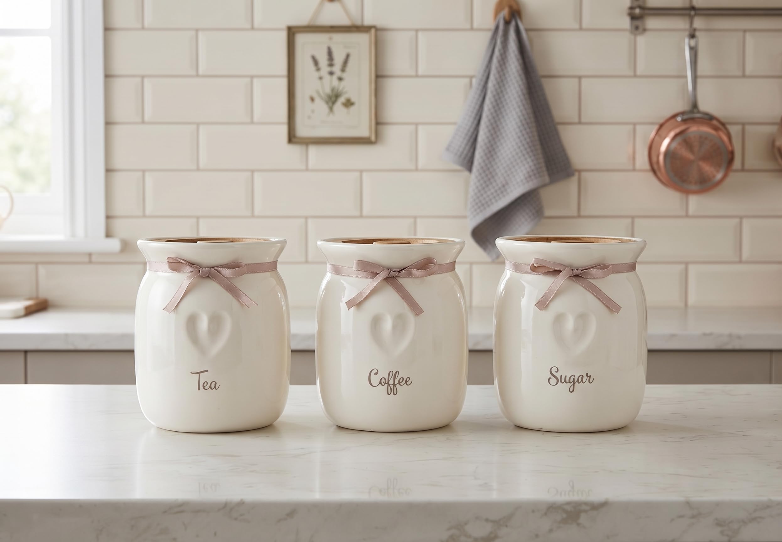 Biznest Large Canisters/Jars Set Tea Coffee Sugar Ceramic Canisters Engraved Heart Kitchen Storage Jars Set Set of 3 with Wooden lid and Ribbon Kitchen Organisation Ideal for Gift to Love One's