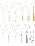12 Pieces Long Pendant Necklace Set Y Tassel Leaf Circle Bar Necklace for Women