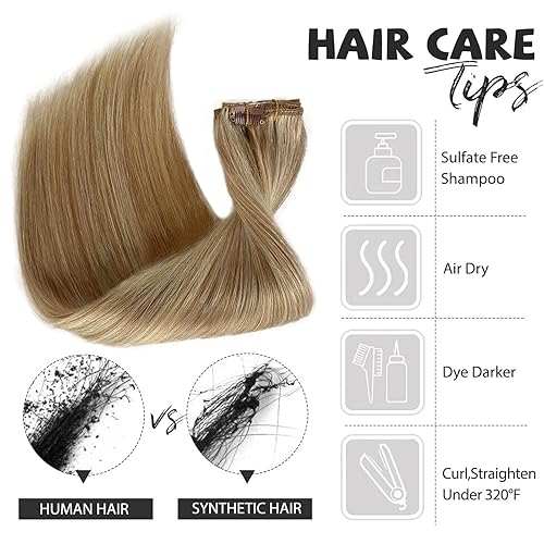 Miniatura 5 de Belaved Extensiones de cabello con pinzas, color marrón ceniza y rubio platino, cabello humano real, 7 unidades, 2.47 onzas, 14 pulgadas con clip