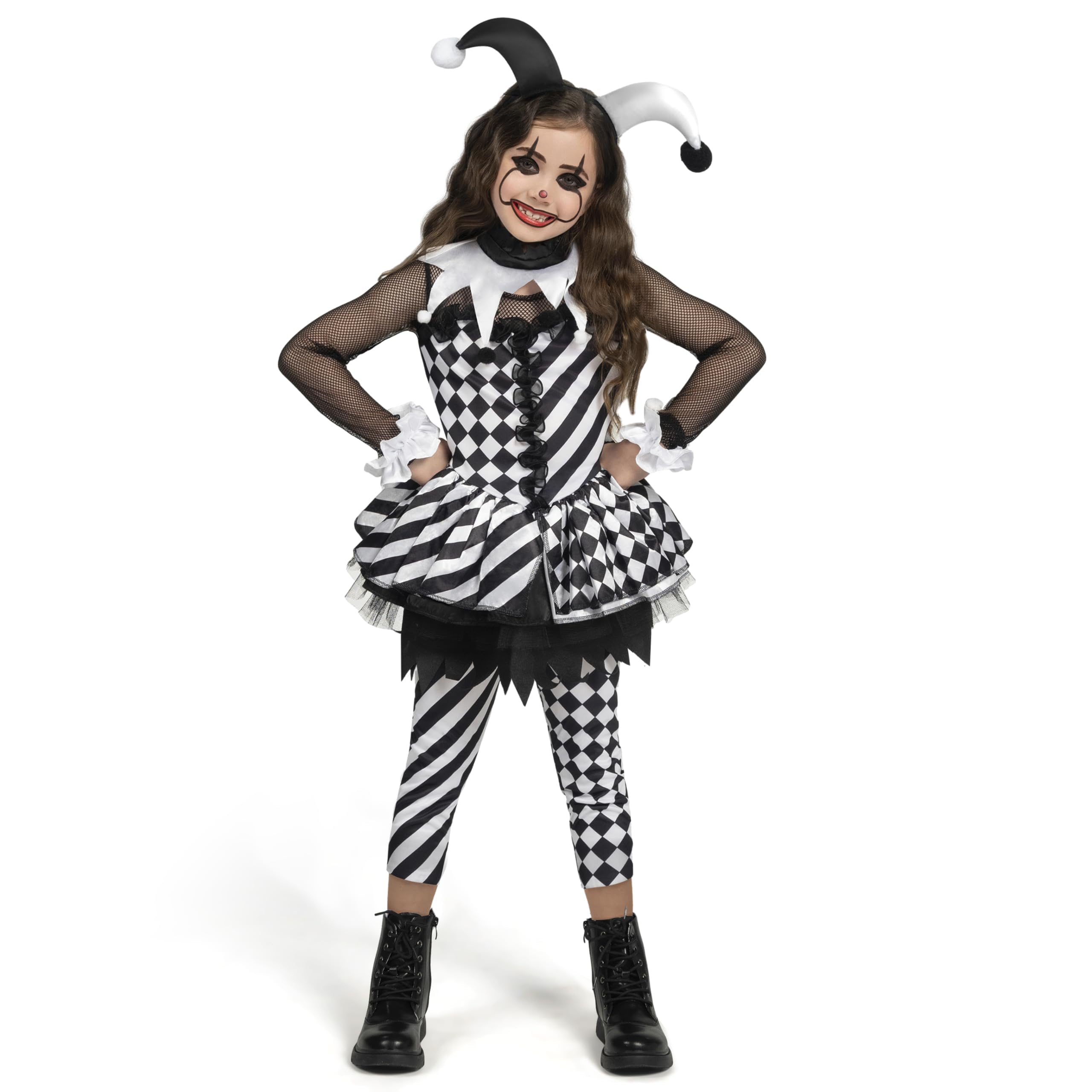 Spooktacular Creations Girls Clown Costume, Halloween Evil Clown Costume, Black and White Jester Dress for Girls Halloween