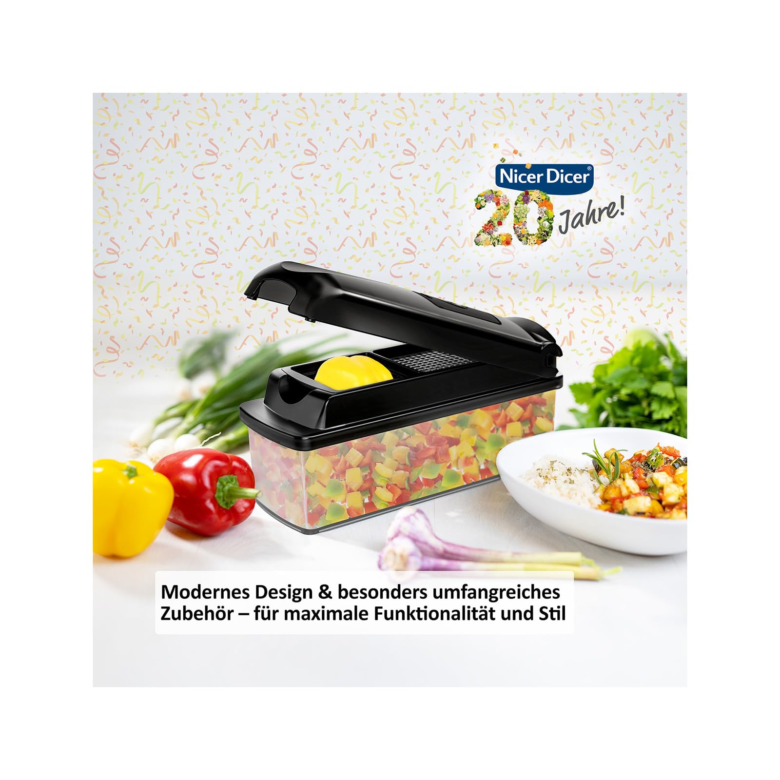 Genius Nicer Dicer Plus Gemüseschneider 17-tlg Jubiläums-Edition – Gemüsehobel Reibe mit 1.5L Auffangbehälter mit Deckel, Spiralschneider, Zwiebelschneider, Würfel, Stifte, Scheiben, Rezeptheft